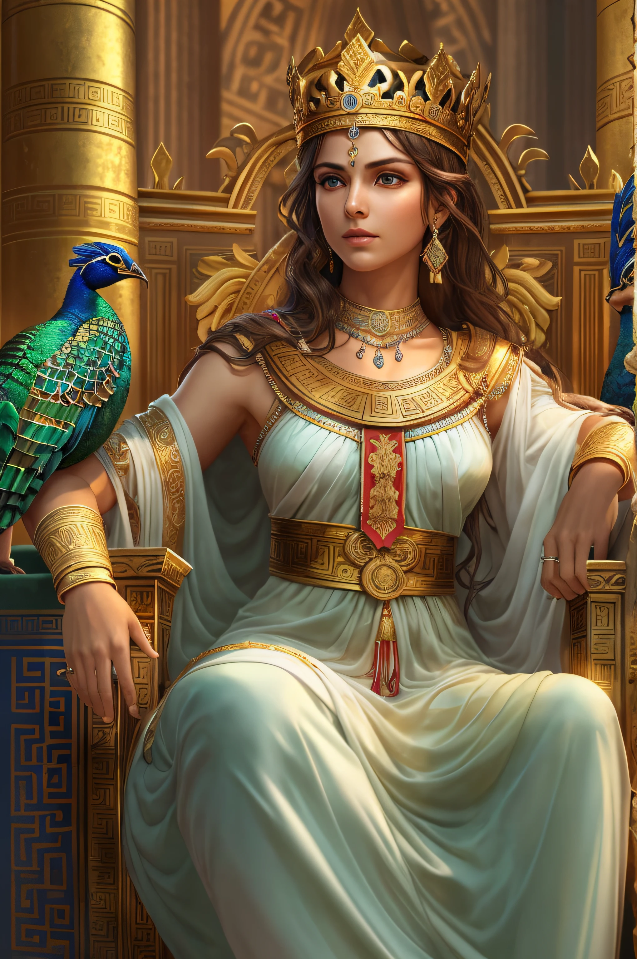 Queen goddess of olympians, with brown hair and brown eyes, is glossy-skinned, looks gorgeous and dignified, has high self-esteem, wears long blue greek toga with jeweled belt, puts on an golden crown, is sitting on golden throne, is commanding servants, Ancient greek palace, Peacocks, Greek mythology, splendid atmosphere, photorealistic, super high quality, super detail, description of ultra-accurate, precise hands, masterpiece, 8K, HDR