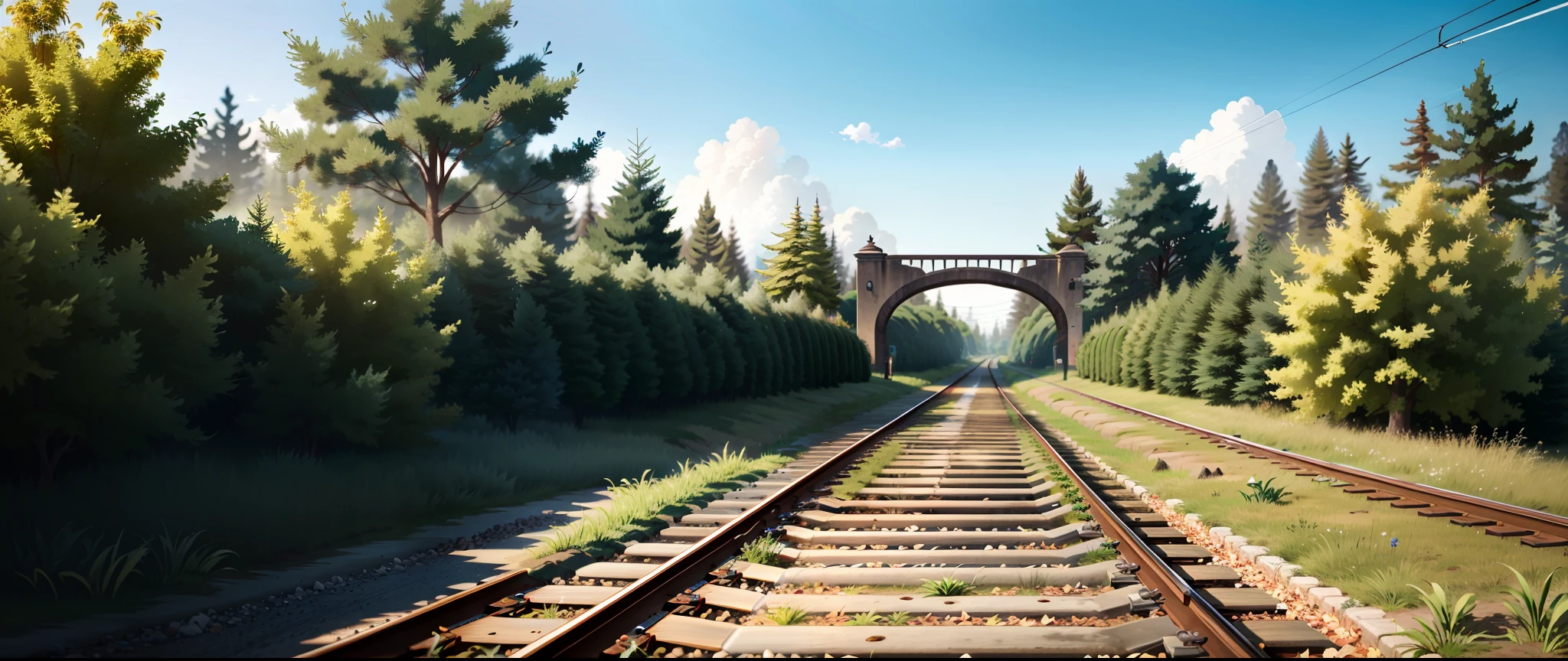 There is a picture of the train tracks,There is a tree on it, Leads to the sky, artwork about a road to freedom, stairway to heaven, depicted as a 3 d render, blossoming path to heaven, daylight made in blender, erik johansson style, rails, natural realistic render, The journey of life, rendered in cryengine, pathway, leading to a beautiful