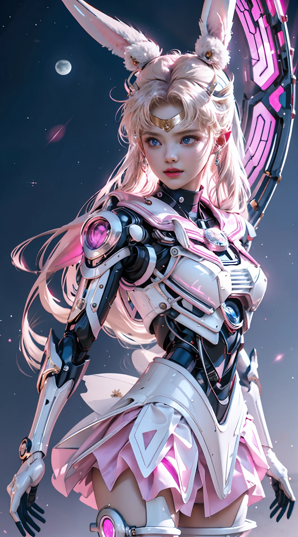 1 mechanical girl: 1.4, Sailor Moon, white mechanical arm, humanoid body, pink sailor suit, good-looking face, sailor Moon, wings, moon hare, rabbit ears, mechanical ears, white top, blonde hair, mechanical arm, pink skirt, side, halo, sci-fi background, hair glowing hair, forehead hair light, moon, panorama, archery, wings on the background