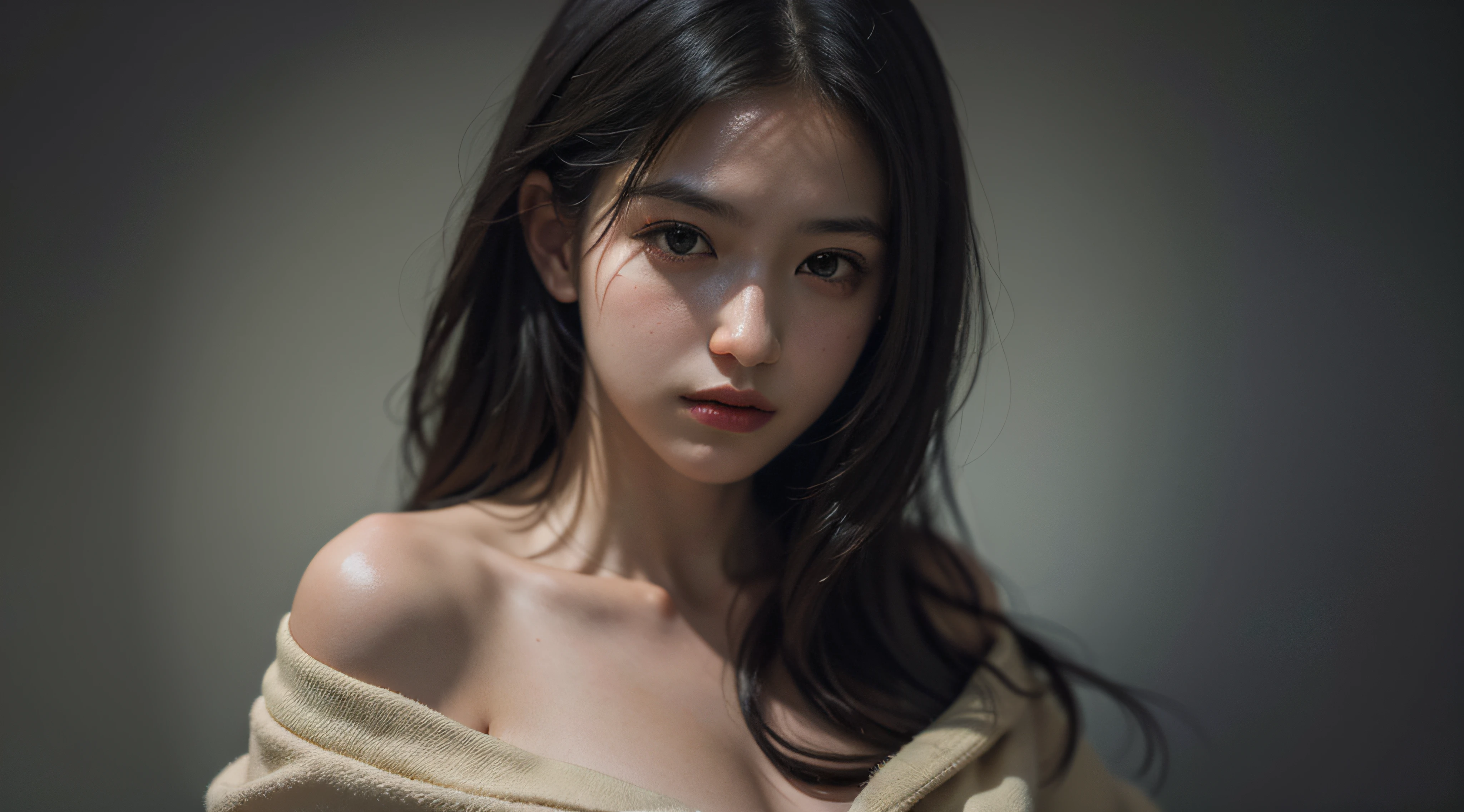 Best quality, masterpiece, ultra high res, (photorealistic:1.4), raw photo, 1girl, offshoulder, in the dark, deep shadow, low key, cold light