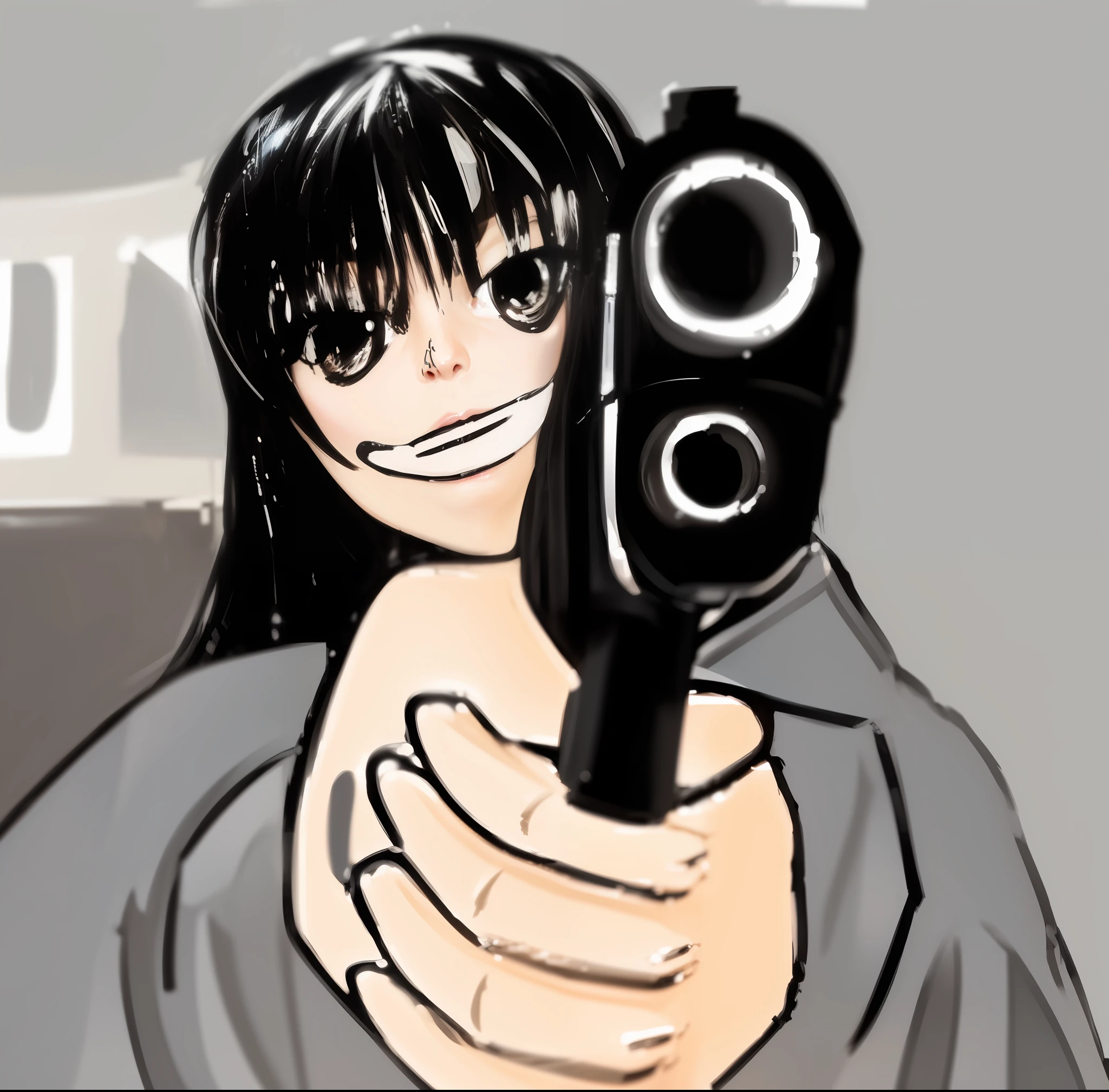 quadratic element,Black long straight,a beauty girl,holding gun