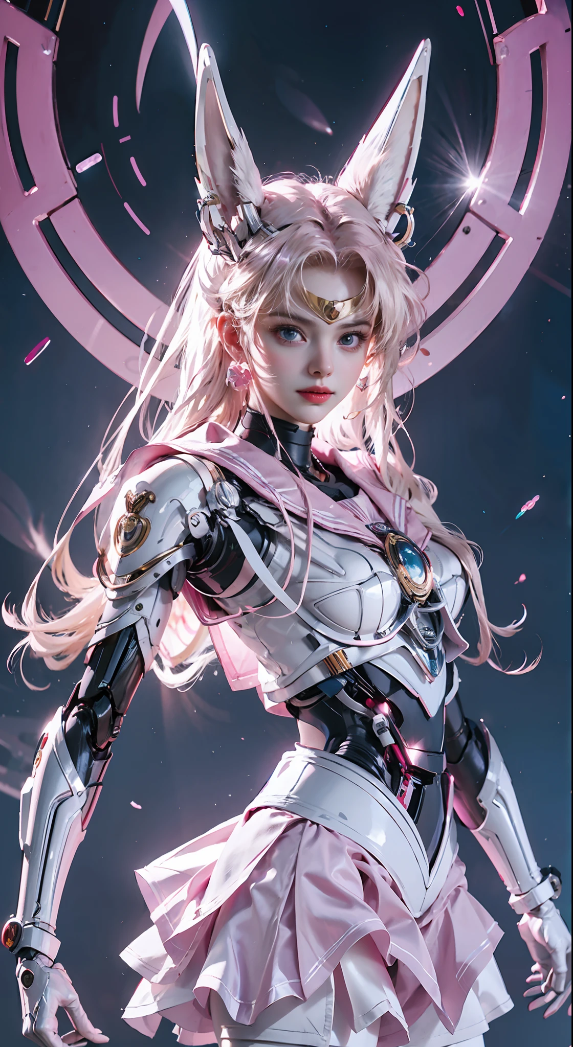 1 mechanical girl: 1.4, Sailor Moon, white mechanical arm, humanoid body, pink sailor suit, good-looking face, sailor Moon, wings, moon hare, rabbit ears, mechanical ears, white top, blonde hair, mechanical arm, pink skirt, side, halo, sci-fi background, hair glowing hair, forehead hair light, moon, panorama, archery, wings on the background