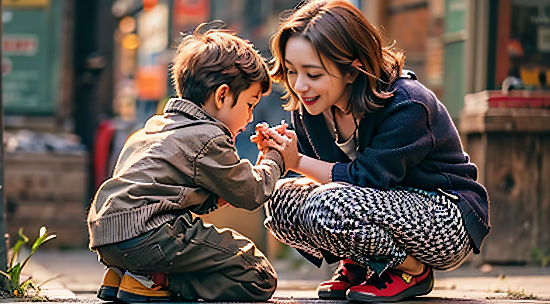 A woman crouches, A young boy with,The woman touches the 's face, On the street, Close-up, Masterpiece, ccurate, High quality, Best quality, High details