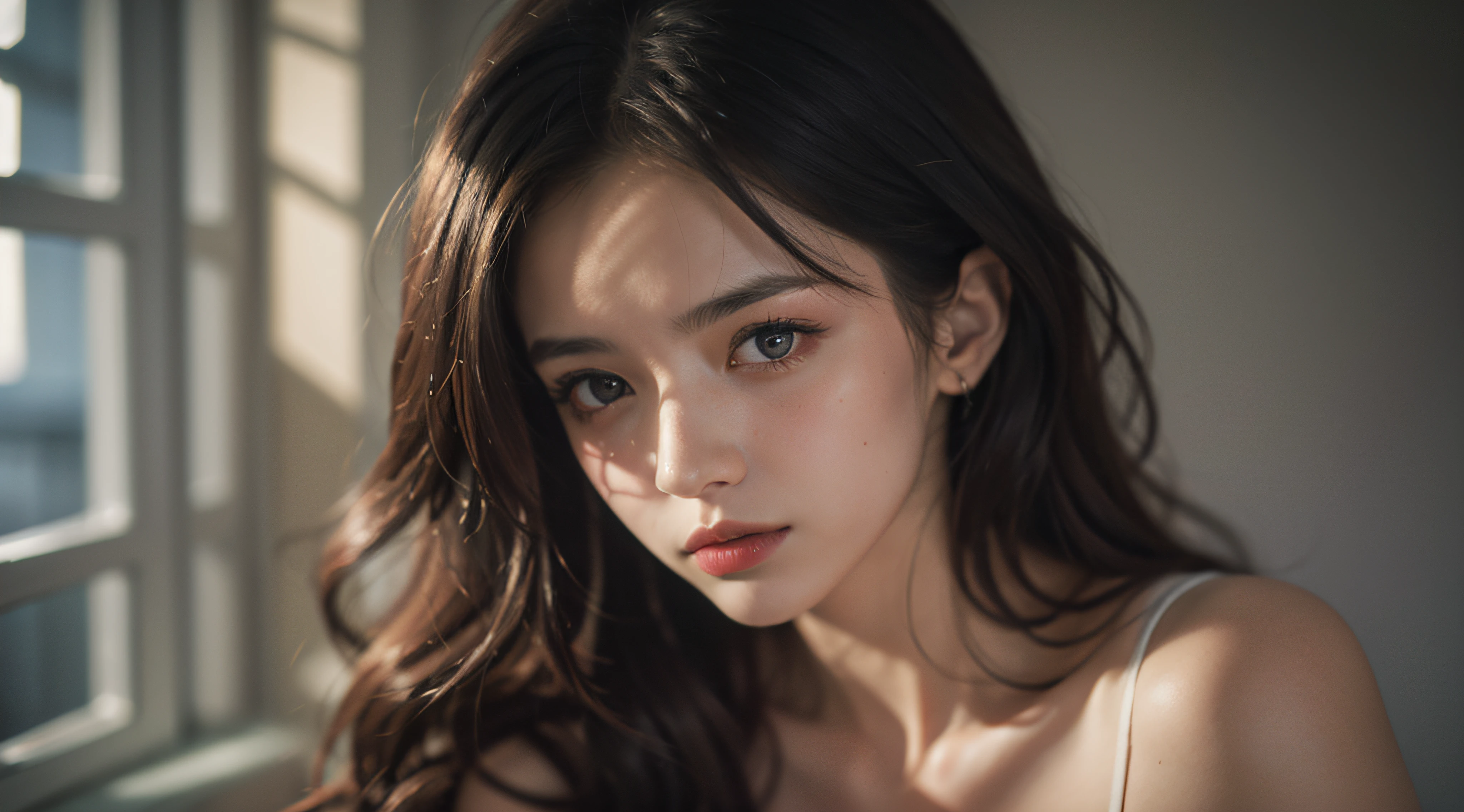 Best quality, masterpiece, ultra high res, (photorealistic:1.4), raw photo, 1girl, offshoulder, in the dark, deep shadow, low key, cold light