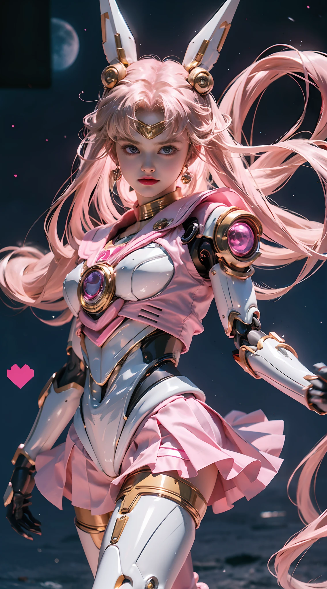 1 Mechanical Girl: 1.4, Sailor Moon, Gun, Mechanical Arm, Mechanical Body, Pink Sailor Suit, Good-looking Face, Sailor Moon, Moon Hare, Blonde Hair, Mechanical Arm, Pink Skirt, Random Pose, Heart-shaped Robot in the background, Glowing Hair