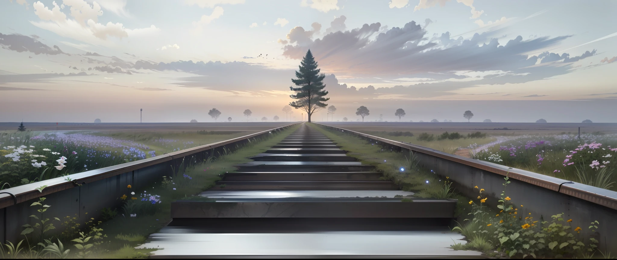There are pictures of train tracks,There is a tree on it, Leads to the sky, artwork about a road to freedom, stairway to heaven, depicted as a 3 d render, blossoming path to heaven, daylight made in blender, erik johansson style, rails, natural realistic render, The journey of life, rendered in cryengine, pathway, leading to a beautiful