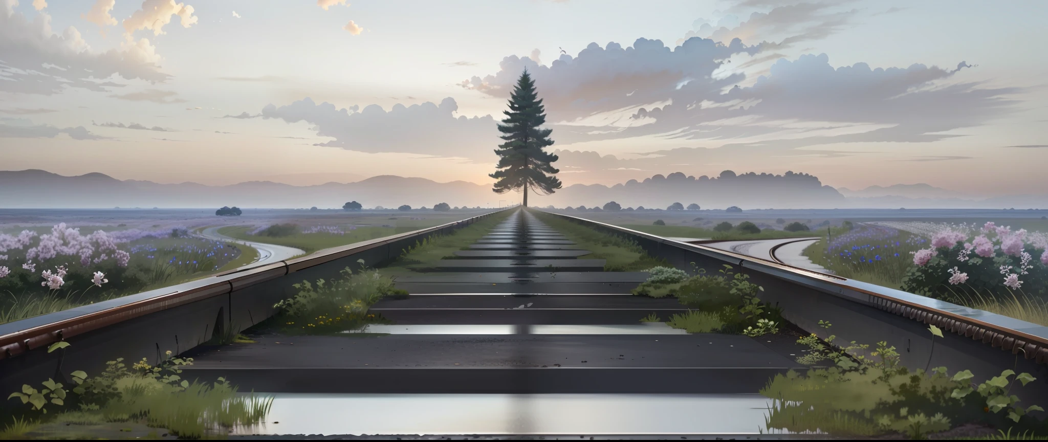 There are pictures of train tracks,There is a tree on it, Leads to the sky, artwork about a road to freedom, stairway to heaven, depicted as a 3 d render, blossoming path to heaven, daylight made in blender, erik johansson style, rails, natural realistic render, The journey of life, rendered in cryengine, pathway, leading to a beautiful