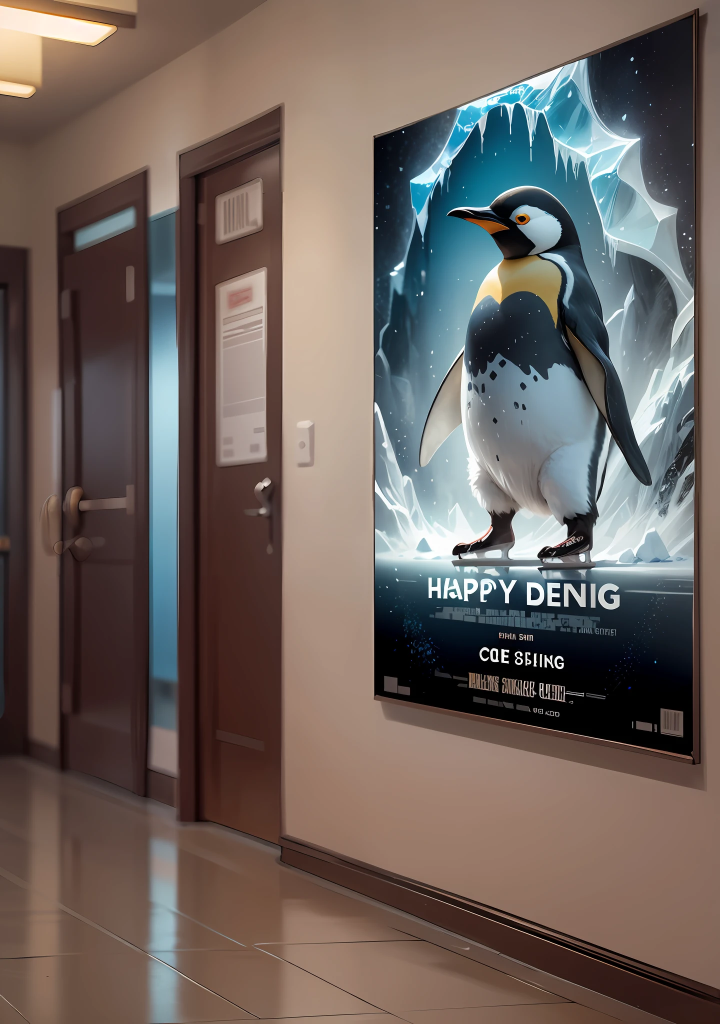 no human, joyful dancing, happy running, penguin parent and penguin child, ice skating, shimmering ice surface, movie poster, title logo, efects,