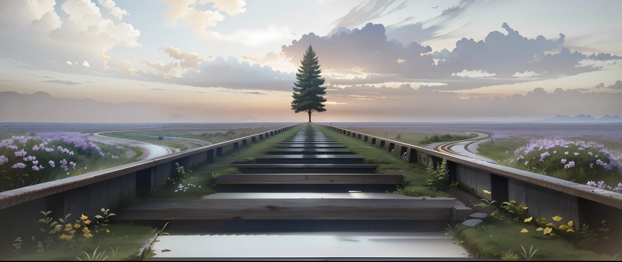 There are pictures of train tracks,There is a tree on it, Leads to the sky, artwork about a road to freedom, stairway to heaven, depicted as a 3 d render, blossoming path to heaven, daylight made in blender, erik johansson style, rails, natural realistic render, The journey of life, rendered in cryengine, pathway, leading to a beautiful