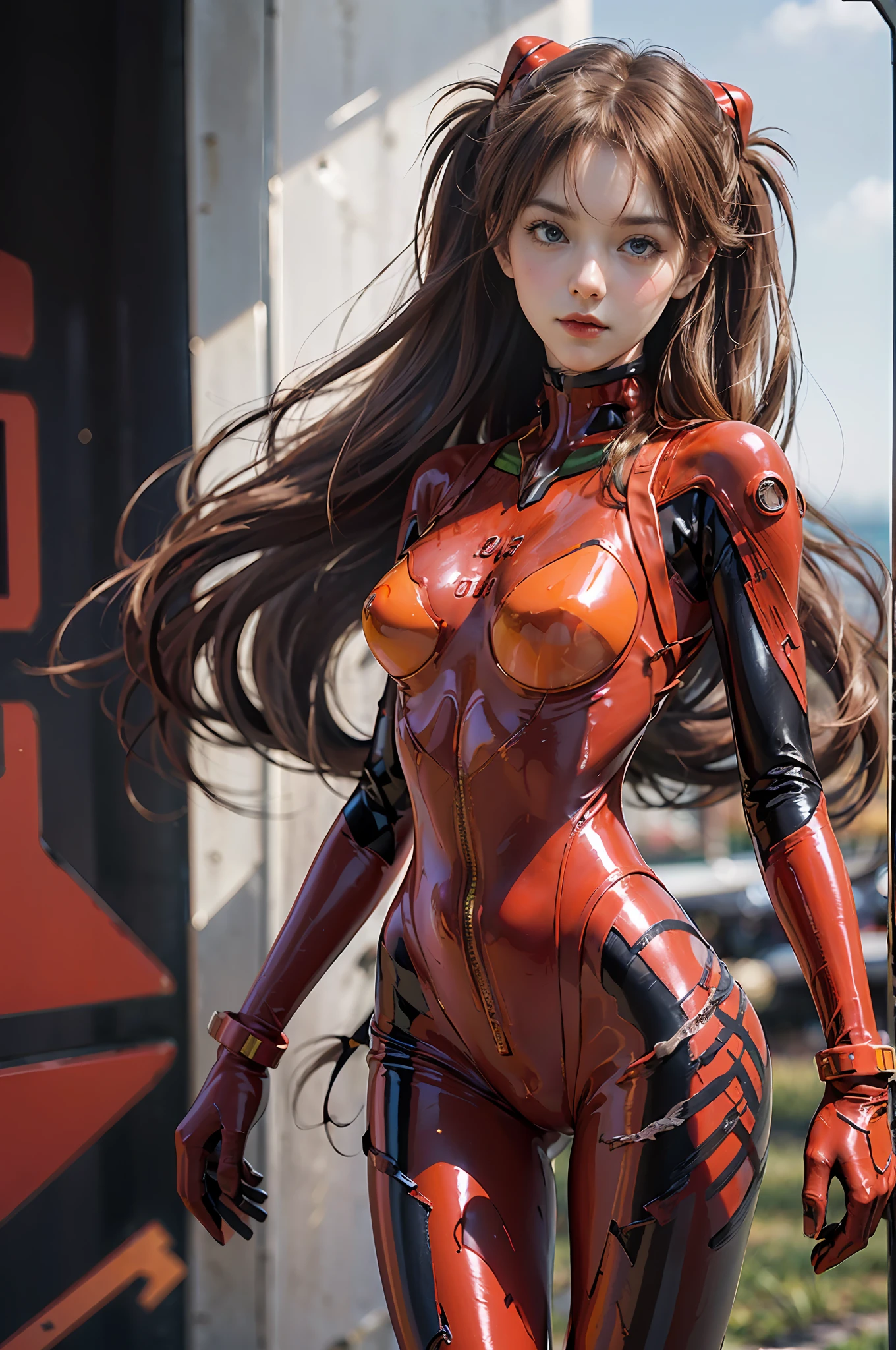 Masterpiece,8k,3D,((Full body),(Realistic),Photography,Best Quality,Official Art,((Female NSFW1.1))) 25years old,(tall, small face),(Perfect proportions:1.1),(1.2 from bottom),Dynamic angle,(Souryuaska langley,Souryuaska langley plug suit 02:1.5)(Blue eyes,Beautiful face, beautiful eyes))), ((cute face)), wet eyes, face,detail face, detail lips, detail eyes, (thin sharp pale eyebrows, long eyelashes), double eyelids, (seductive smile), (gentle expression, fleeting expression))),(turning pose),(rubber suit with strong metallic luster and smooth surface), ( Sexy tight metallic shiny latex suit)))), (2 thick black lines from thighs to buttocks)))), from the bottom, (erect), (smooth body line)), ((pale thin eyebrows)), beautiful hair, (large round breasts), small logo pattern on the chest 02, mechanical suit, thin long waist, white skin, (face and eye details: 1.1), loneliness, blush, (shy)), Very delicate and beautiful girl, standing, (legs open pose)), (to8 contrast style), long legs, perfect anatomy,(((crimson bodysuit, crimson latex suit, crimson enamel suit)))), (glossy), delicate clothing wrinkles, twin tails, (navy aircraft carrier background,dynamic sea background, strong sunlight), sunlight, DSLR, Fujifilm XT3, Sharp Focus: 1.2, maximum clarity and sharpness, multi-layer textures, albedo and specular maps, surface shading, accurate simulation of light-matter interactions,