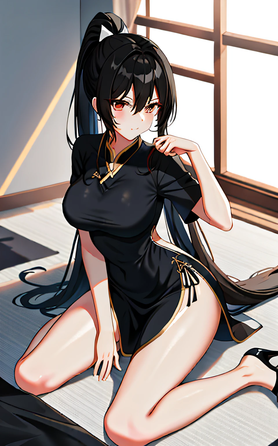 Two-dimensional, Black-haired girl, Very long hair, High ponytail, Tall figure, on cheongsam, Black silk, High heels, Very thin waist, Long legs, Thin legs, Bare legs, Super clear, A lot of detail, Kneeling, Flushed, Drenched, Sweaty, {{Large breasts}},Lying on all fours,(Side view),((torn laundry))