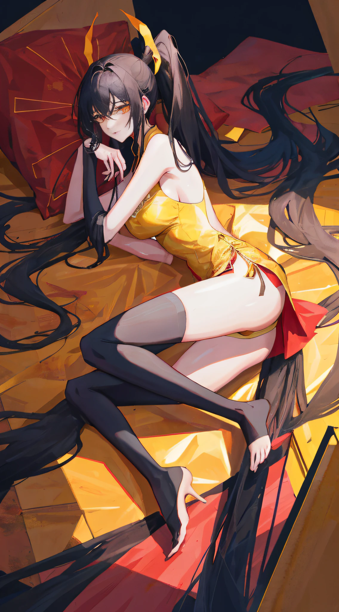 Two-dimensional, Black-haired girl, Very long hair, High ponytail, Tall figure, Cheongsam, Black silk, High heels, Very thin waist, Long legs, Thin legs, Bare legs, Super clear, A lot of detail, Kneeling, Flushed, Drenched, Sweaty,{{breasts out}}, {{Large breasts}},Lying on all fours,(Side view),((Torn top))
