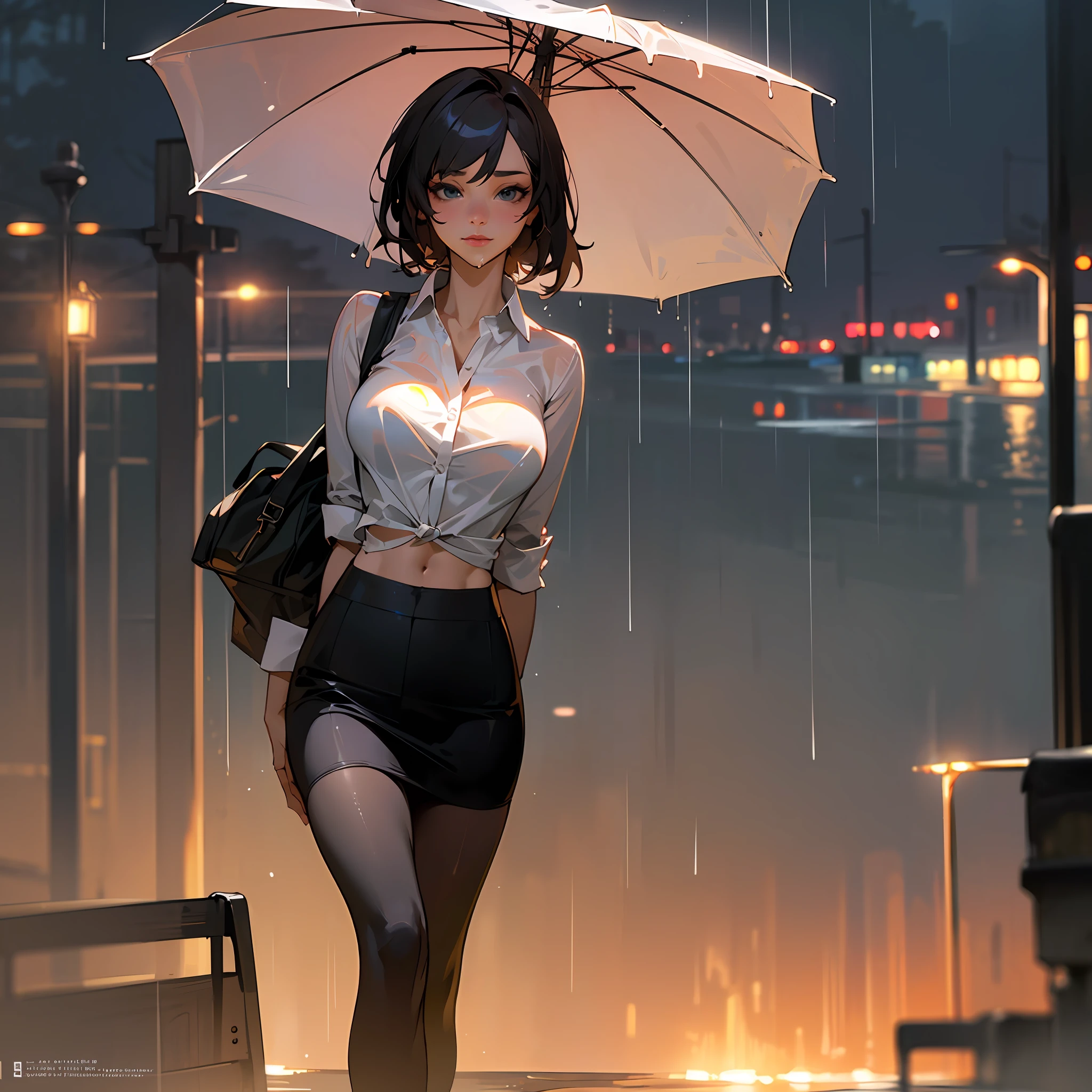 ((Realistic lighting, Best Quality, 8K, Masterpiece: 1.3)), Focus: 1.2, 1girl, Perfect Beauty: 1.4, Slim Abs: 1.1, (Big Breasts), (White Shirt: 1.4), (Outdoor, Night: 1.1), City Street, Super Fine Face, Fine Eyes, Double Eyelids, (Over the Knee Black Stockings: 1.5), (Wet in the Rain, Wet: 1.2) --auto