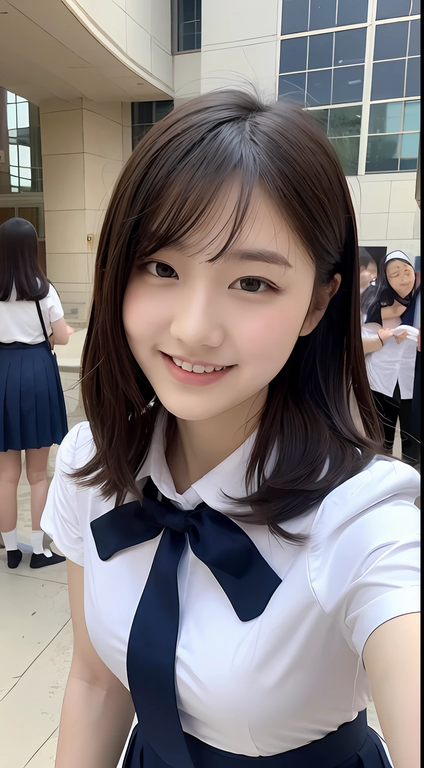 Highly detailed 8k wallpaper), sharp focus, detailed, dramatic, delicate and beautiful schoolgirl, white shirt, navy blue ribbon collar, dark blue pleated micro mini, sexy, smile, peek at the viewer, graphics beautiful, bright school building, full of students, show your whole body, white socks,