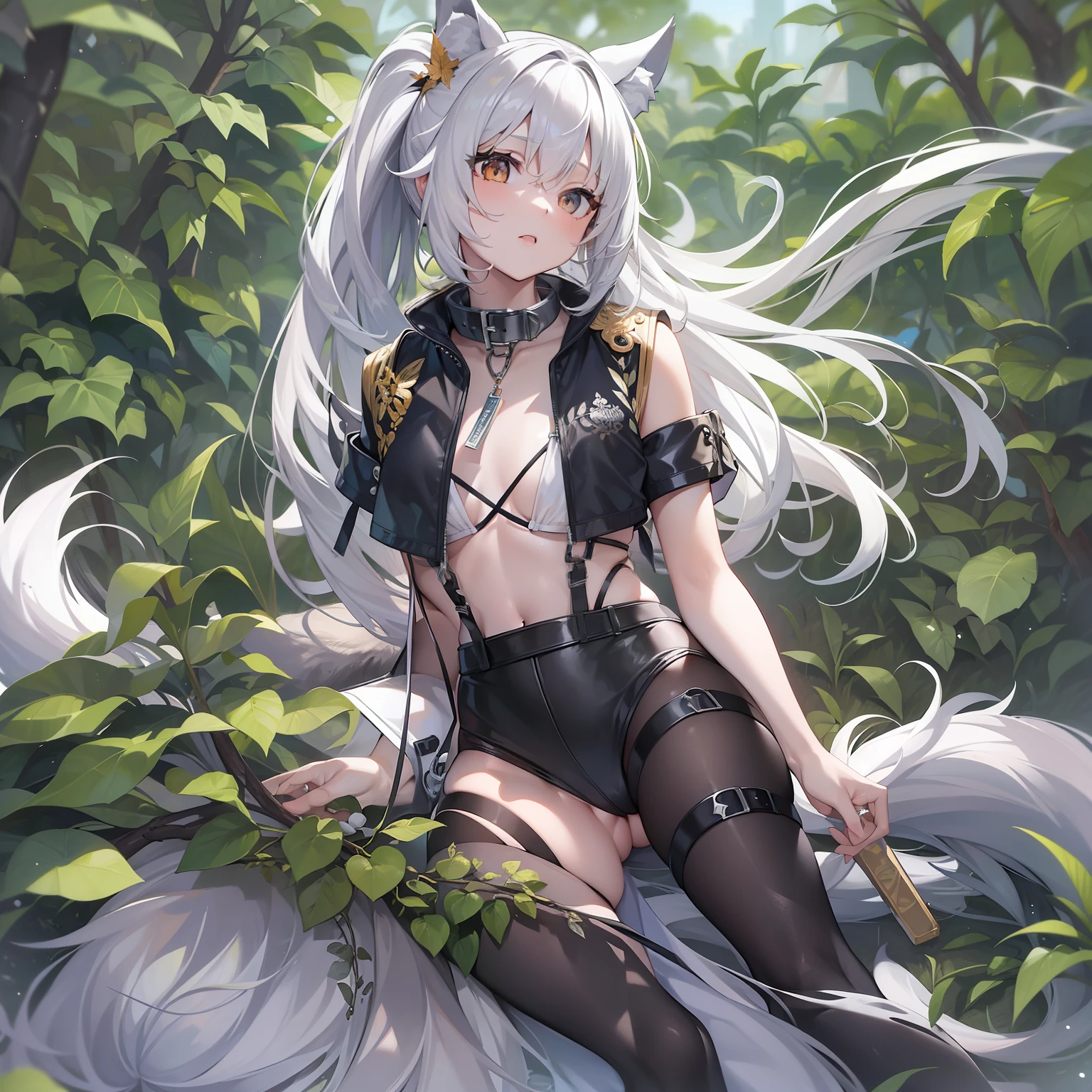 ((Masterpiece)), (Best Quality), Solo, miosha1, hair ornament, ponytail, wolf tail, swimsuit, white shorts, thigh strap, black jacket, leaf print, collar, string bikini, (NSFW:1.2)