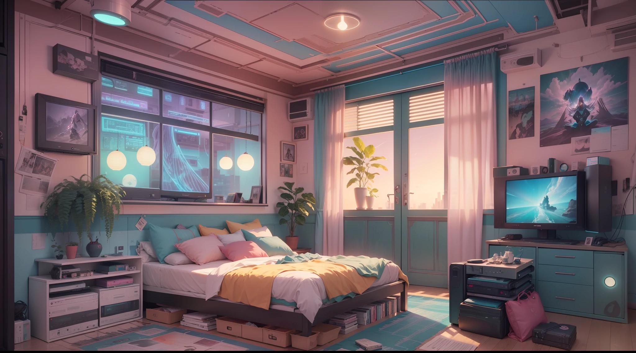 （tmasterpiece），（Most Best Illustration），（Big breasts Hatsune Miku），anime backgrounds，Game Bedroom，TV with mainframe computer，Ring lighting，edge lit，（Very detailed CG unity 8K wallpaper），（tmasterpiece），（best qualtiy），（vaporwave style），（ultra - detailed），（Most Best Illustration），（Best shadow），Perfect litthing，perfect anatomia，vivd colour，