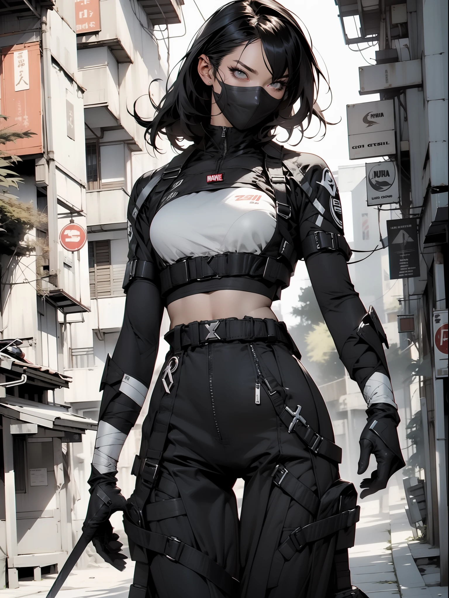 Nijistyle, (Marvel’s Wolverine)), Linda mulher de corpo inteiro, 30 anos, corpo perfeito e definido, ((( mulher ))), guerreira ninja, roupas futurista, detalhes absurdos, abssudres, Frank Frazetta, com micro roupas, quase totalmente nua, com pouca roupa, Tiny floss, seios grandes, decote generoso, fantastic art clothes, cabelos curto, Pose sexy, fantastic landscape, fantasia adulta, Nijistyle, urbansamurai_v0.3
