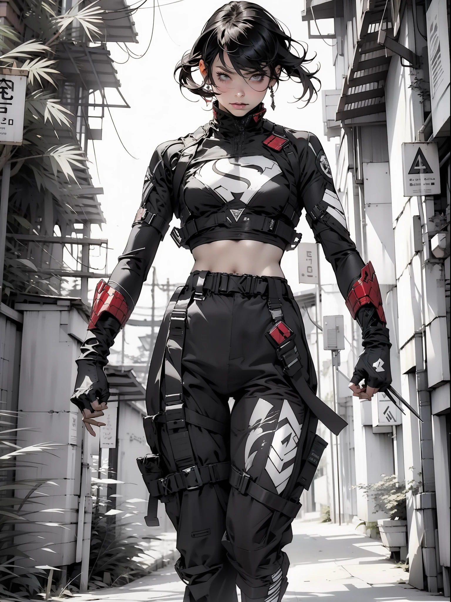 Nijistyle, (Marvel’s Wolverine)), Linda mulher de corpo inteiro, 30 anos, corpo perfeito e definido, ((( mulher ))), guerreira ninja, roupas futurista, detalhes absurdos, abssudres, Frank Frazetta, com micro roupas, quase totalmente nua, com pouca roupa, Tiny floss, seios grandes, decote generoso, fantastic art clothes, cabelos curto, Pose sexy, fantastic landscape, fantasia adulta, Nijistyle, urbansamurai_v0.3