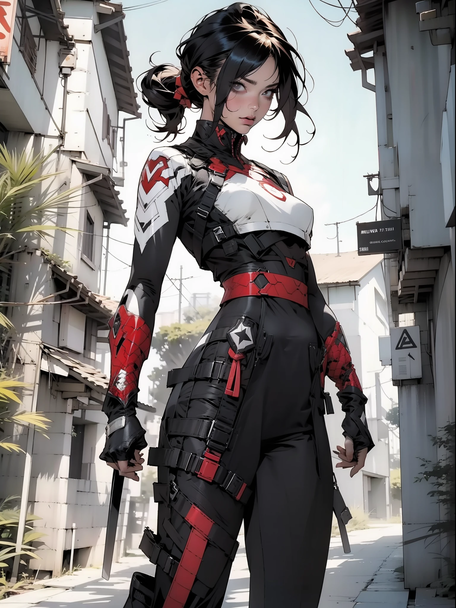 Nijistyle, (Marvel’s Wolverine)), Linda mulher de corpo inteiro, 30 anos, corpo perfeito e definido, ((( mulher ))), guerreira ninja, roupas futurista, detalhes absurdos, abssudres, Frank Frazetta, com micro roupas, quase totalmente nua, com pouca roupa, Tiny floss, seios grandes, decote generoso, fantastic art clothes, cabelos curto, Pose sexy, fantastic landscape, fantasia adulta, Nijistyle, urbansamurai_v0.3