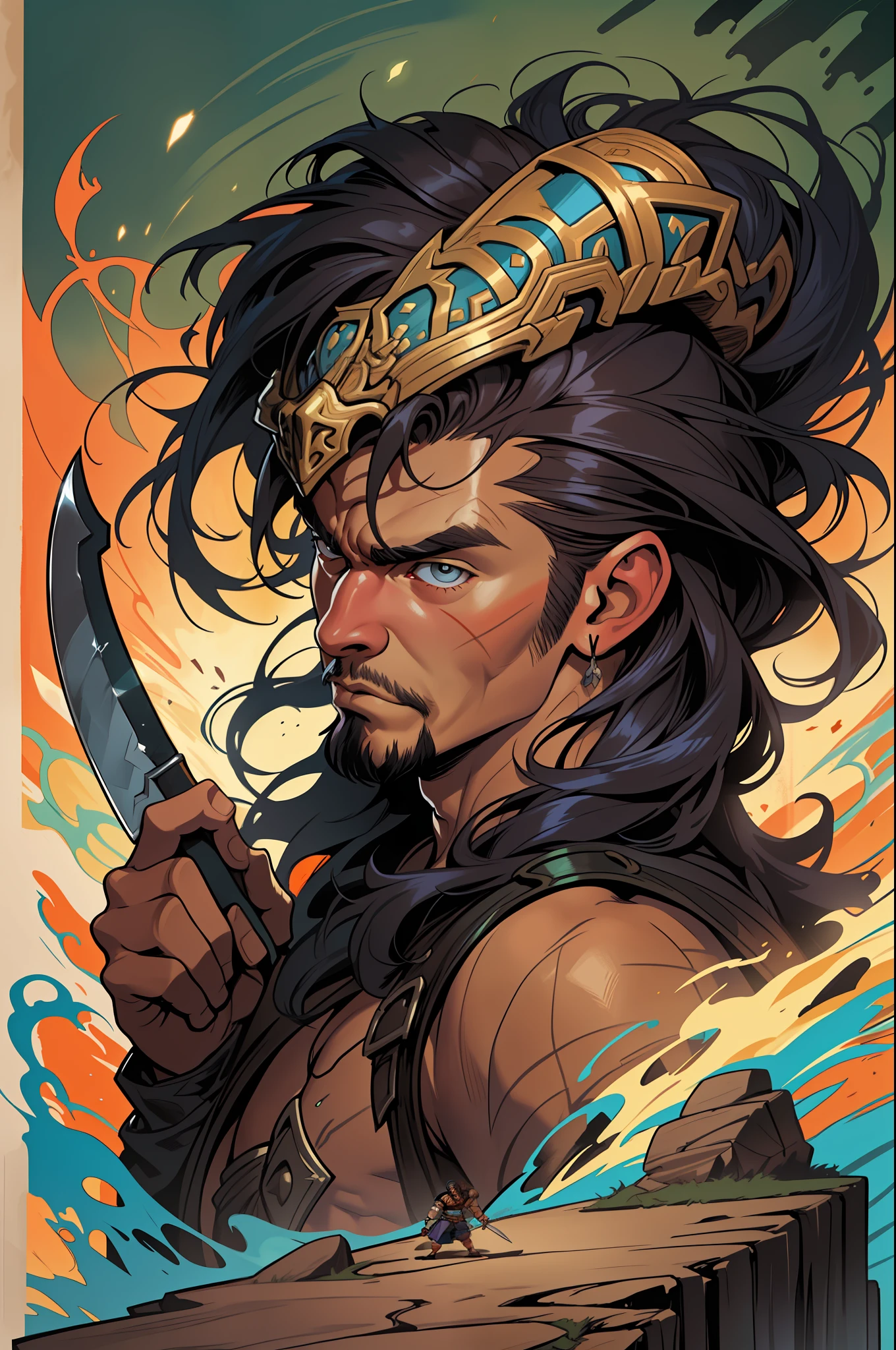 man with a large axe standing on a rock, poster art inspired by Frank Frazetta, cgsociety contest winner, cobra, conan the barbarian illustration, conan the barbarian, conan, jason momoa as conan, portrait of conan the barbarian, barbarian, frank frazetta manga style, frank frazetta style, barbarian celebrate his birthday, frazetta