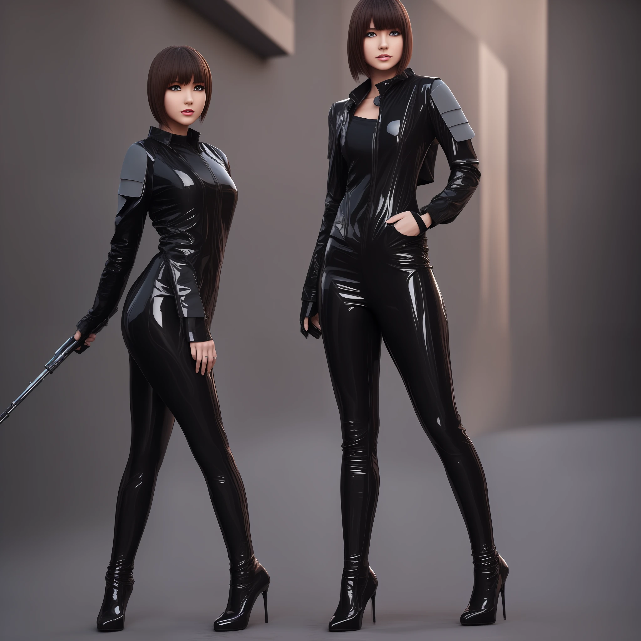 Two-dimensional girl，Sci-fi tights，Tactical wind，battle garment，Black long straight，a beauty girl，brunette color hair，k hd，Full body portrait，sci-fy，Patent leather gel coat，Gel coat，Black tight gel coat，High heels，Stand up --auto