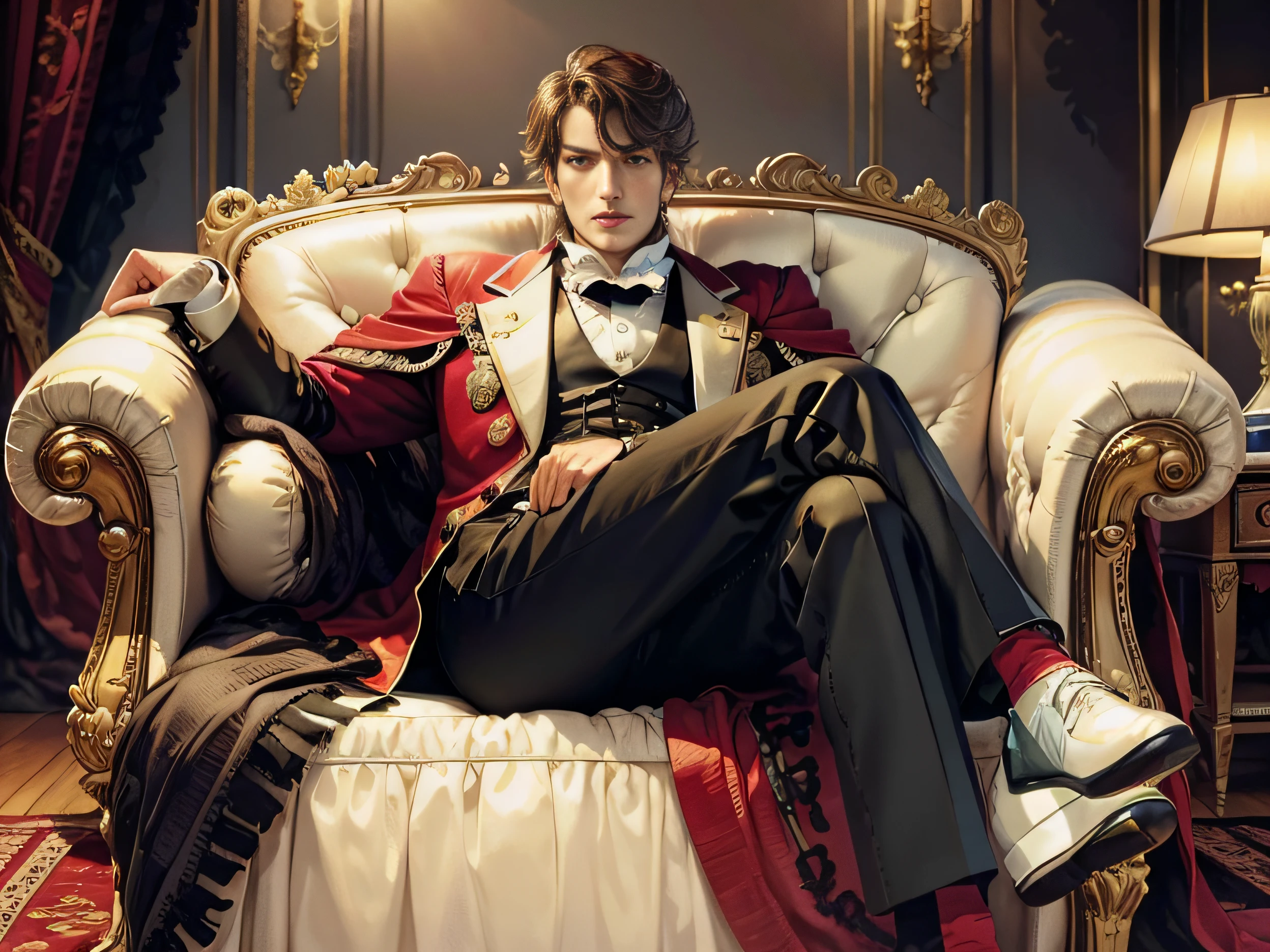 A rich man,Sitting on a mansion sofa,He looks arrogant