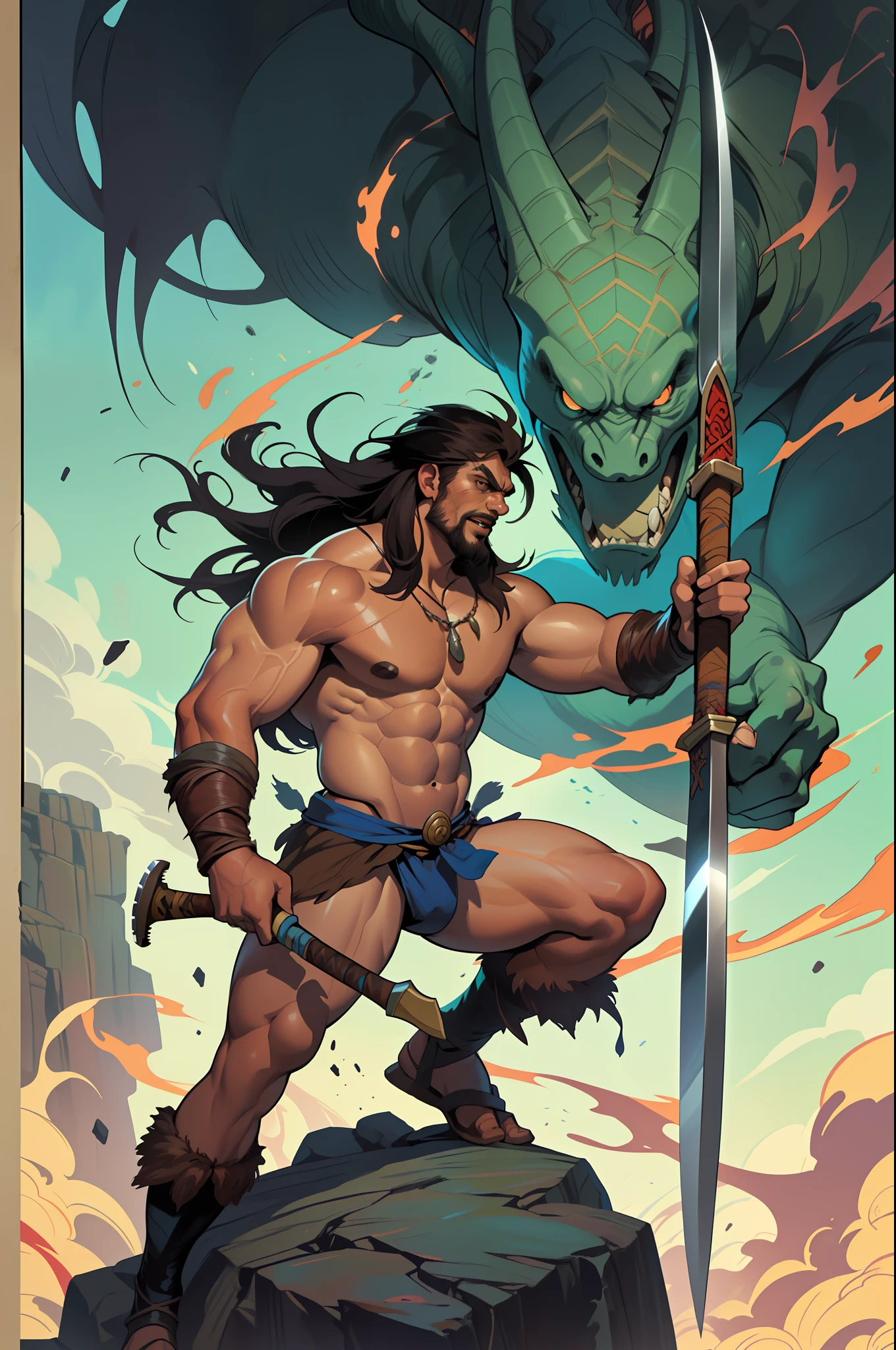man with a large axe standing on a rock, poster art inspired by Frank Frazetta, cgsociety contest winner, cobra, conan the barbarian illustration, conan the barbarian, conan, jason momoa as conan, portrait of conan the barbarian, barbarian, frank frazetta manga style, frank frazetta style, barbarian celebrate his birthday, frazetta