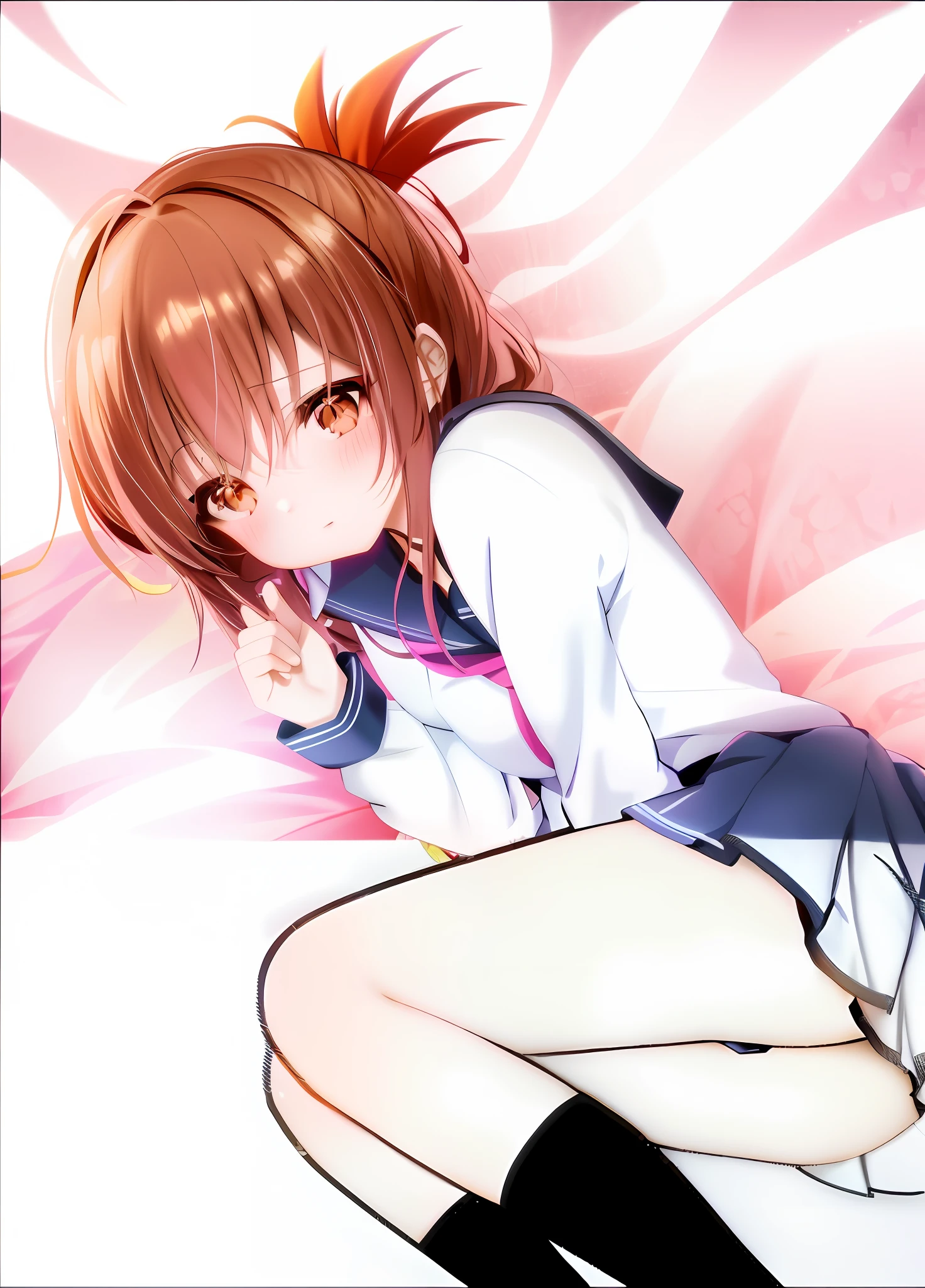 Anime girl with long hair and white shirt lying on pink flowers, sayori, (Anime Girl), closeup Iwakura Lain, Anime girl named Lucy, Cute anime girl, iwakura lain, Anime visuals of cute girls, railgun, Makoto, with index finger, Smooth Anime CG Art, Holo, Anime Best Girl