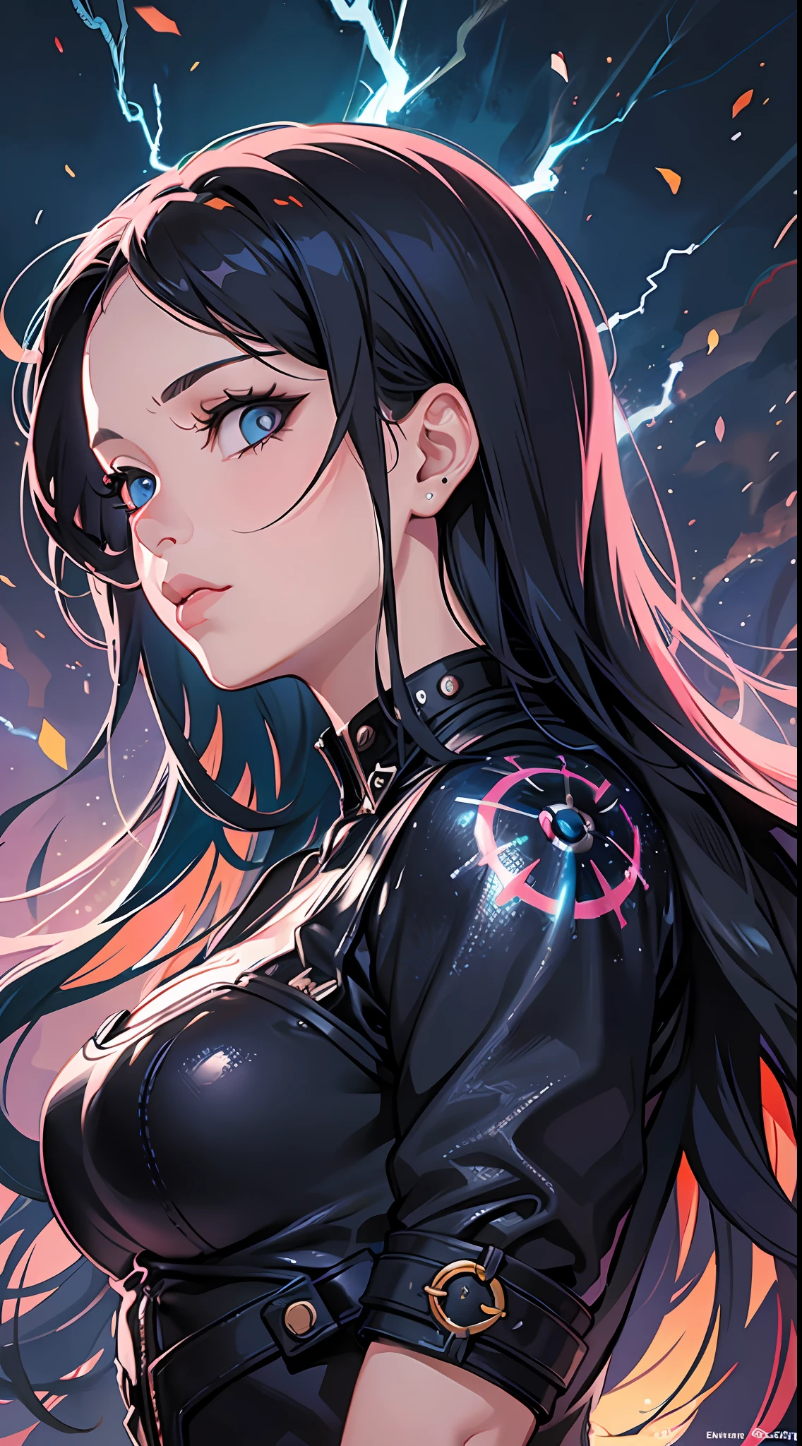 um close up de uma mulher com cabelo roxo e um top preto, desenhado no estilo de Artgerm, Modelo IG | Artgerm, Alena Aenami e Artgerm, splashes of lightning behind her, Ross Tran 8 K, Artgerm extremamente detalhado, menina cyberpunk sonhadora, em estilo de artgerm, Estilo de arte realista