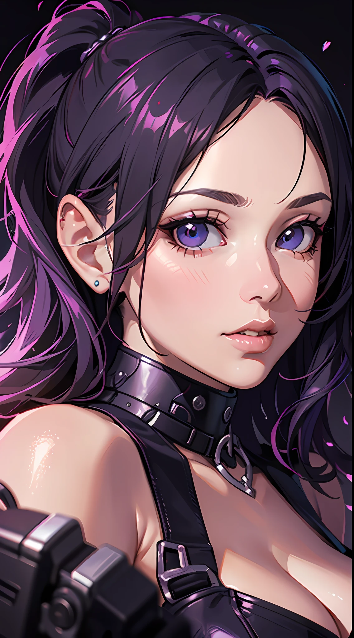 um close up de uma mulher com cabelo roxo e um top preto, desenhado no estilo de Artgerm, Modelo IG | Artgerm, Alena Aenami e Artgerm, splashes of lightning behind her, Ross Tran 8 K, Artgerm extremamente detalhado, cyberpunk sonhadora, em estilo de artgerm, Estilo de arte realista