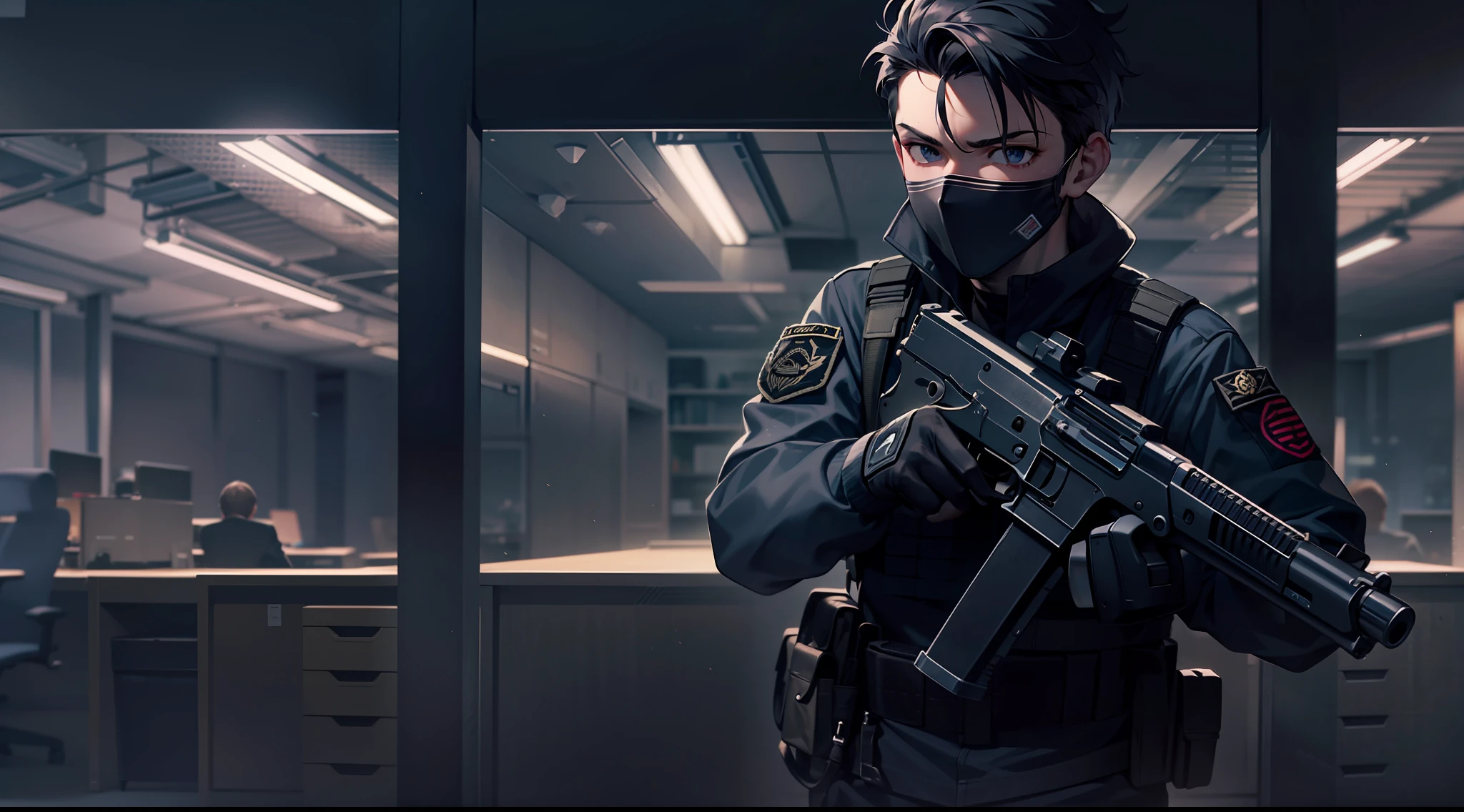 1 boy, attractive boy, handgun, in the dark office building, black clothes, special operations, special force, cinematic action, dynamic entry, looking enemy