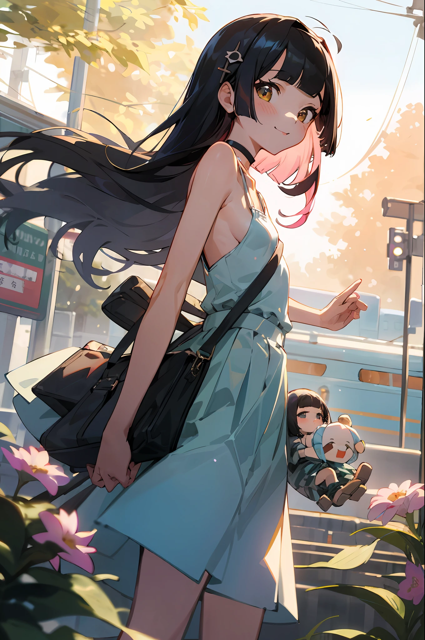 NFSW,absurderes, hight resolution, ((masutepiece)), animesque、((Best Quality)), (Ultra-detailed), ((Extremely detailed)), (Beautiful), ((Kawaii Girl)), (Lori:1.8), 独奏,(Infant 10 years old:1.6)、Beautiful face、White skin、Route to schools in the city、There is a big stuffed animal that is very cute....、Under the sparkling midsummer sun、shiny long pale colorful hair、Pink floral hair ornament、Slender girl, (Small breasts:1.6)、BREAK、The upper part of the body、Gentle face、(Blunt bangs:1.6),Ephemeral、Cute summer uniform、a choker、satchel、Walking happily on the way to school、The surroundings are shining、Bright smile、Angle from behind、The skirt flutters in the wind、Girl's hair flutters in the wind