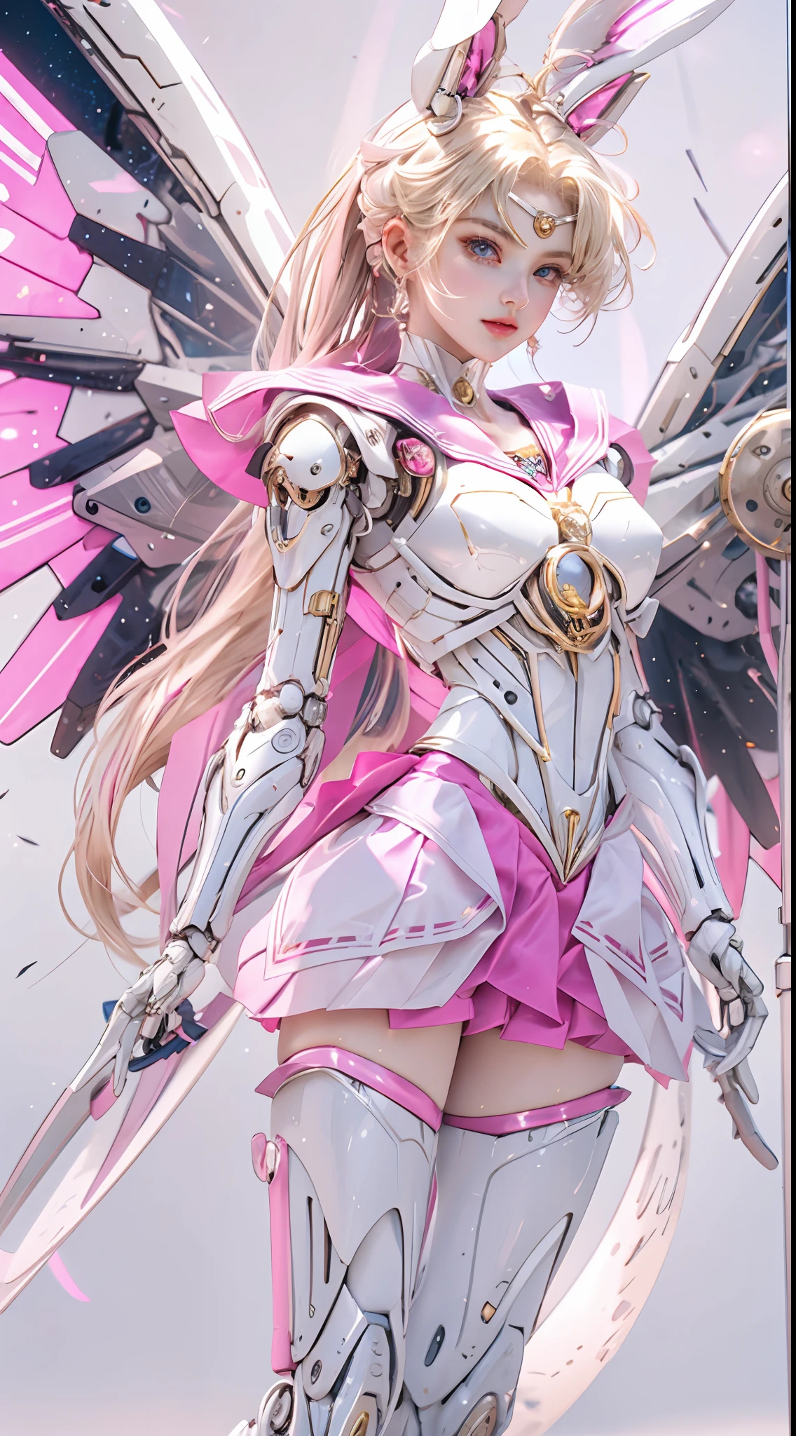 1 mechanical girl: 1.4, Sailor Moon, white mechanical arm, humanoid body, pink sailor suit, good-looking face, sailor Moon, wings, moon hare, rabbit ears, mechanical ears, white top, blonde hair, mechanical arm, pink skirt, side, halo, sci-fi background, hair glowing hair, forehead hair light, moon, panorama, archery, wings on the background