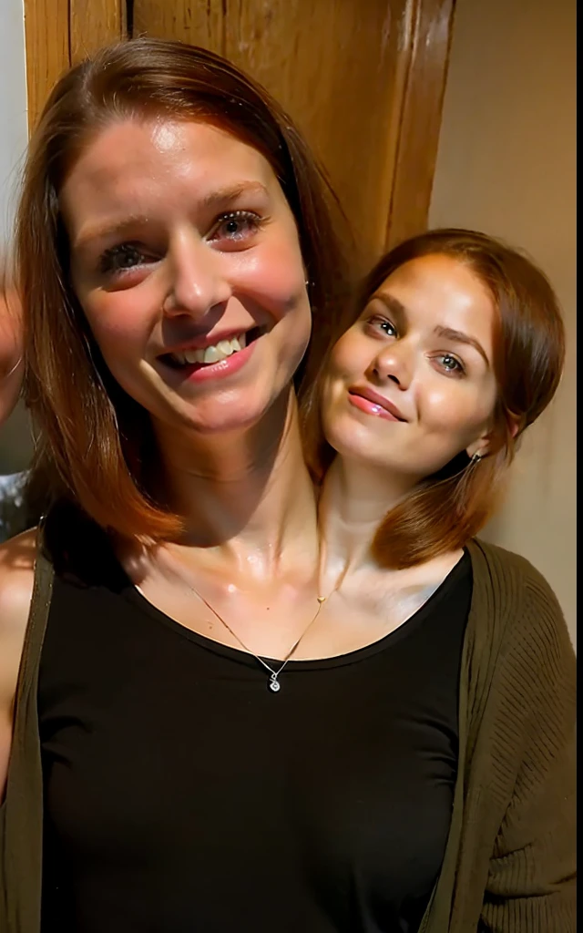 2heads, two headed girl, (mom and daughter:1.5), (one torso:1.5), (female:1.5), (redhead:1.4), (ager:1.4), (caucasian:1.5), (two heads on one body:1.4), conjoined twins, heads side by side, one torso, young, uncomfortable, barefoot