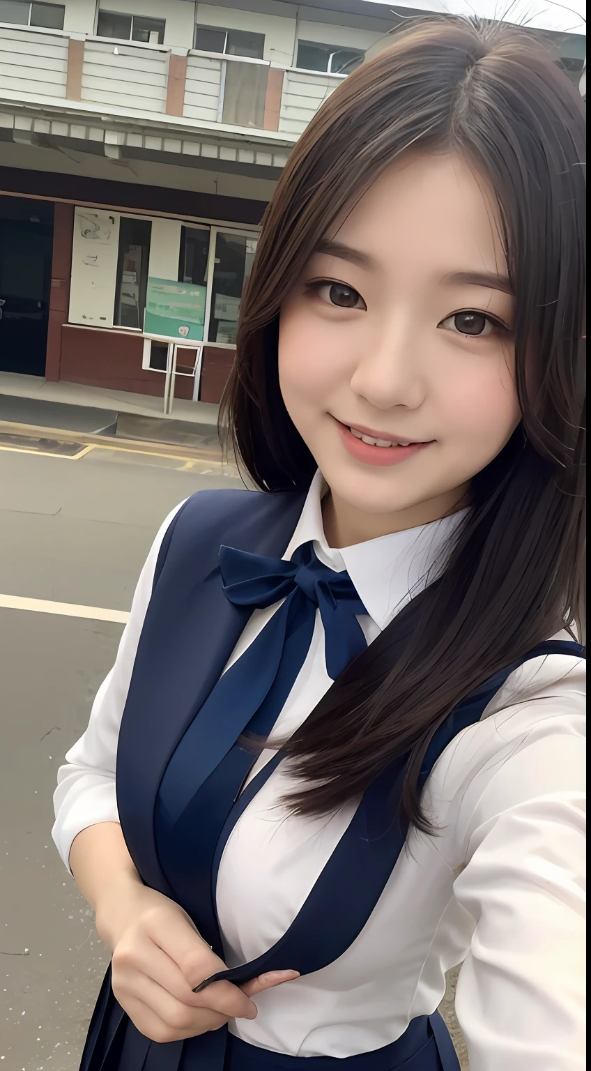 Highly detailed 8k wallpaper), sharp focus, detailed, dramatic, delicate and beautiful schoolgirl, white shirt, navy blue ribbon collar, dark blue pleated micro mini, sexy, smile, peek at the viewer, graphics beautiful, bright school building, full of students, show your whole body, white socks,