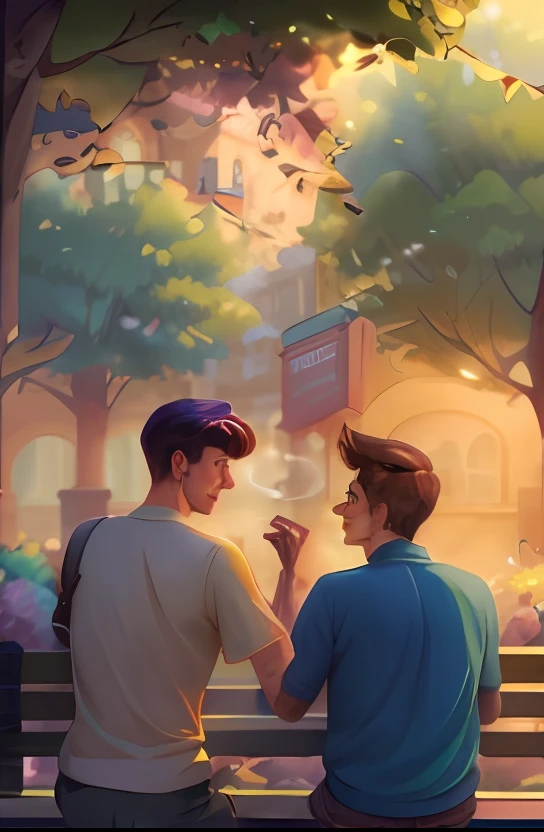 Two men sat on benches，One is smoking, Fanart, they are smoking, Guviz-style artwork, smoking outside, High-quality fanart, blurry and dreamy illustration, realistic art style, official fanart, rob rey and kentaro miura style, inspired by Tim and Greg Hildebrandt, animated still, lgbt art, beautiful painting of friends