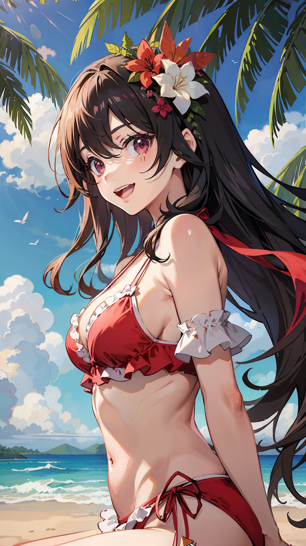 anime girl in pink outfit standing near palm trees on sandy beach, 1girl, outdoors, solo, palm tree, long hair, day, smile, tree, open mouth, looking at viewer, hair ornament, beach, :d, sky, floating hair, swimsuit, cloud, hair flower