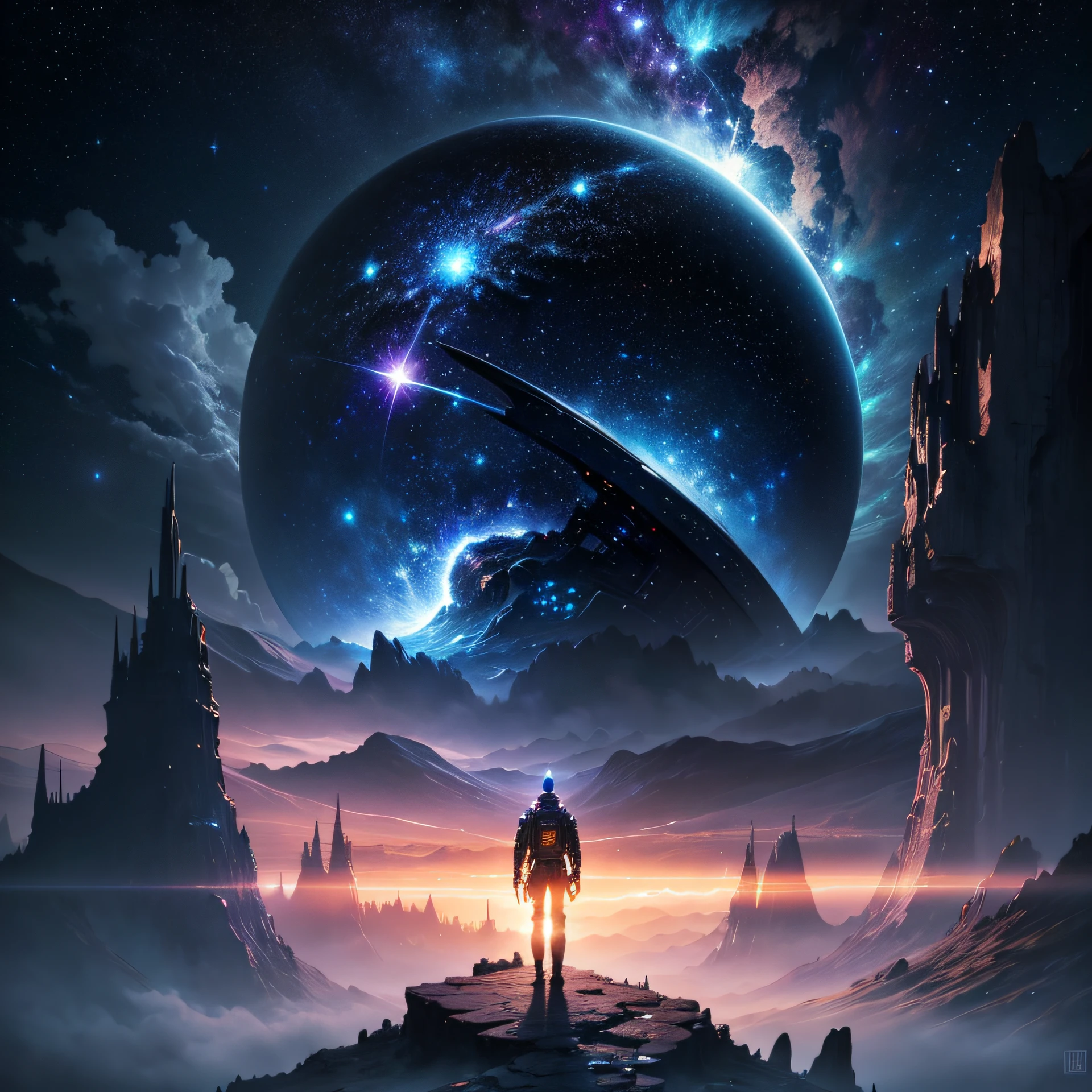 starry night sky，sci fi epic digital art, Sci-fi fantasy desktop wallpaper, Sci-fi fantasy wallpaper, Epic, mysterious surrealism, Dark science fiction art, Beautiful sci-fi art --auto