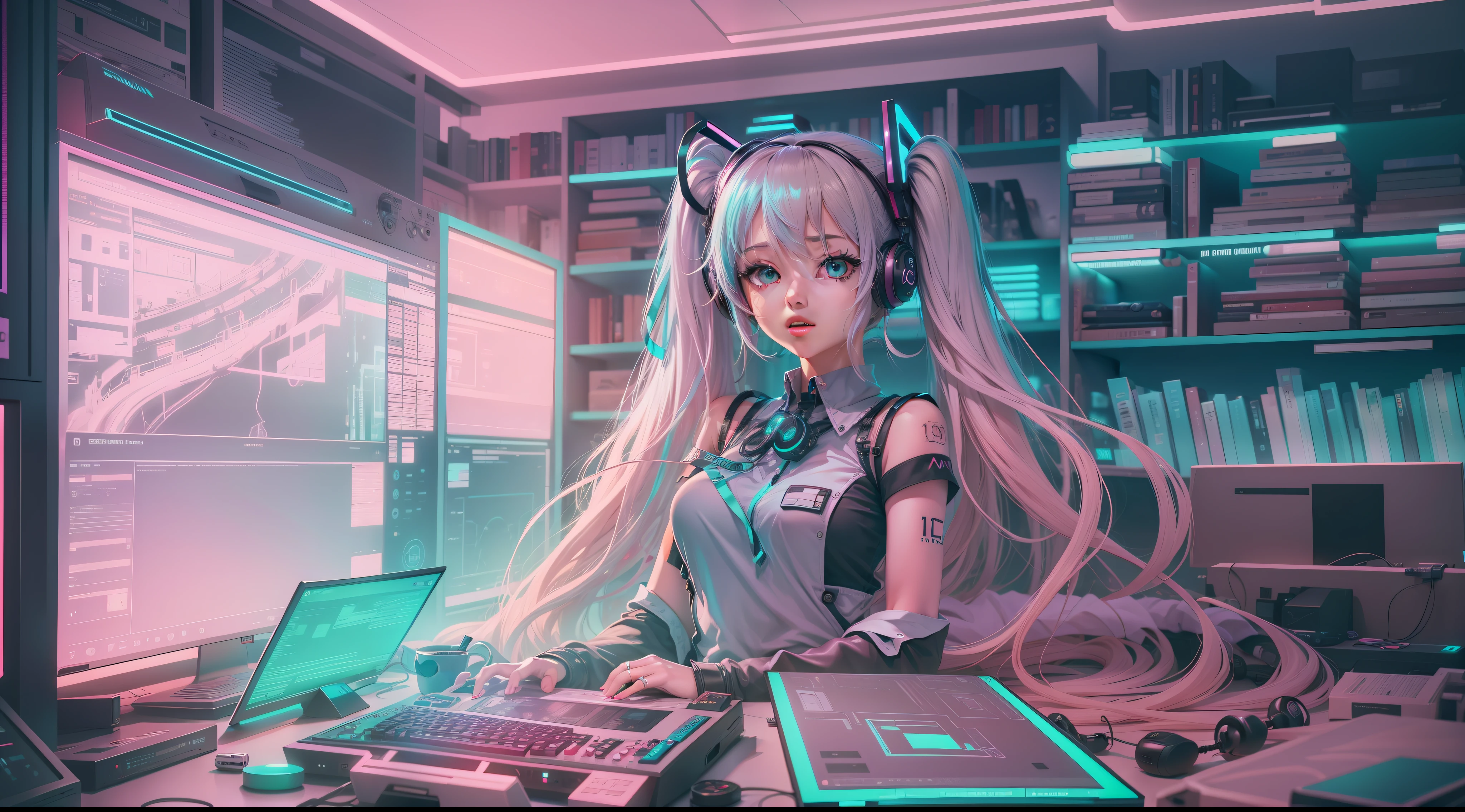 (tmasterpiece),(Most Best Illustration),(Big breasts Hatsune Miku),anime backgrounds,Game Bedroom,TV with mainframe computer,Ring lighting,edge lit,(Very detailed CG unity 8K wallpaper),(tmasterpiece),(best qualtiy),(vaporwave style),(ultra - detailed),(Most Best Illustration),(Best shadow),Perfect litthing,perfect anatomia,vivd colour,