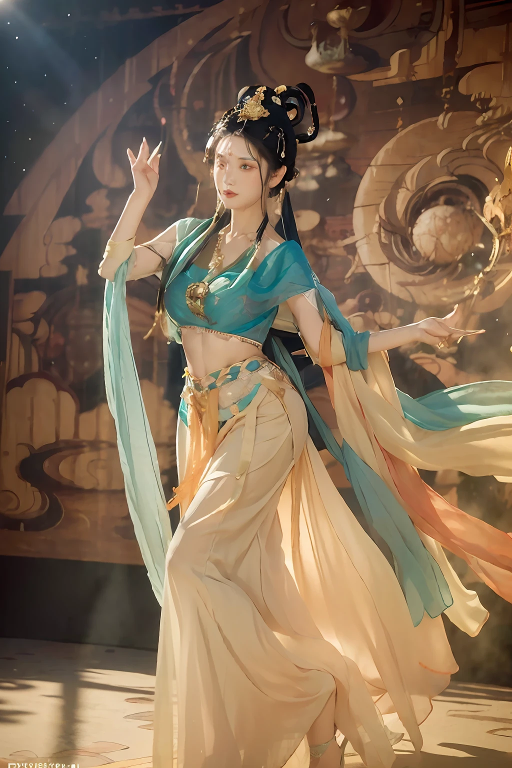 (8k, RAW photo, best quality, masterpiece:1.2), (realistic, photo-realistic:1.4), (extremely detailed CG unity 8k wallpaper), 1 girl solo, dance, dunhuang_dress, dunhuang_style, dunhuang_background,