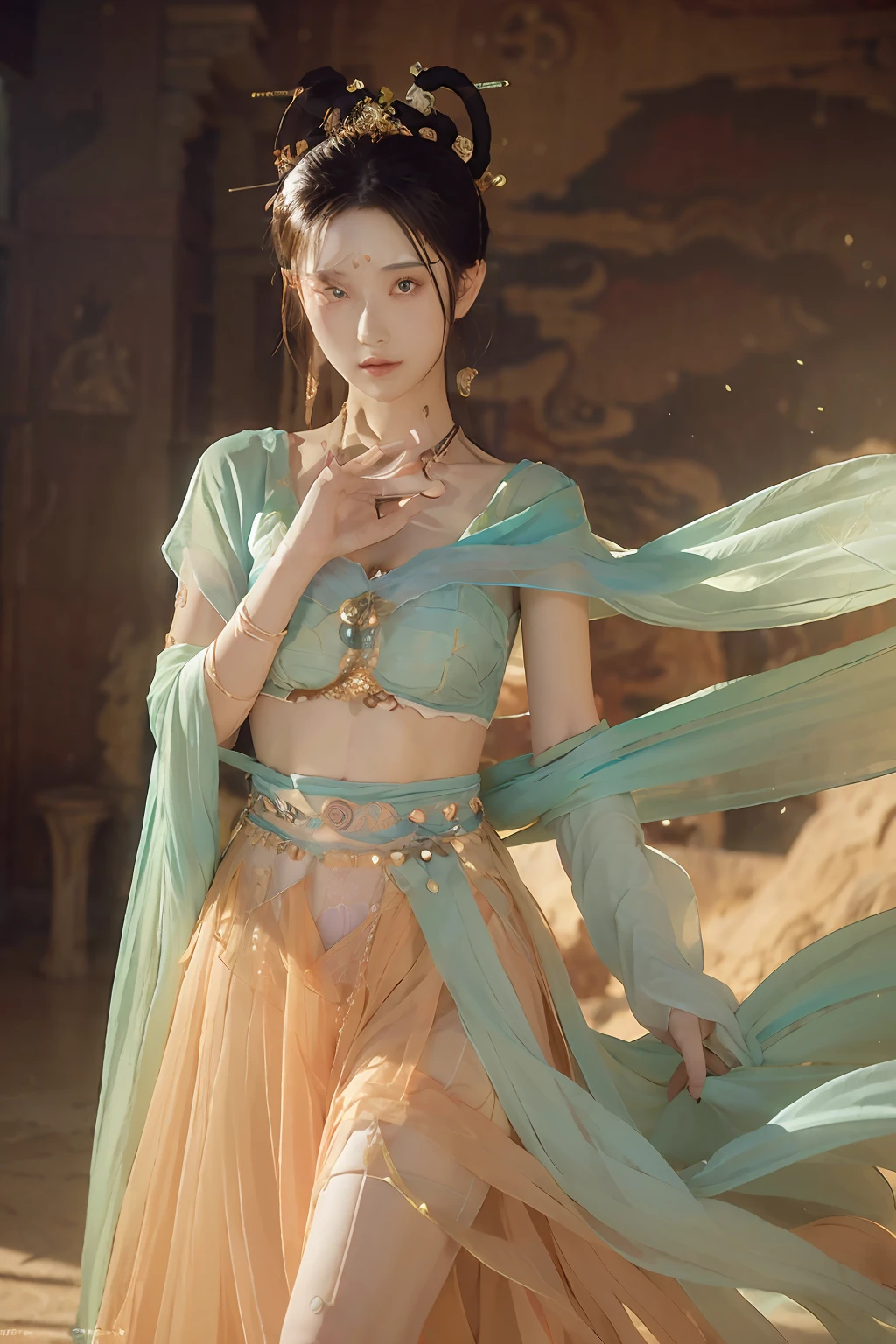 (8k, RAW photo, best quality, masterpiece:1.2), (realistic, photo-realistic:1.4), (extremely detailed CG unity 8k wallpaper), 1 girl solo, dance, dunhuang_dress, dunhuang_style, dunhuang_background,