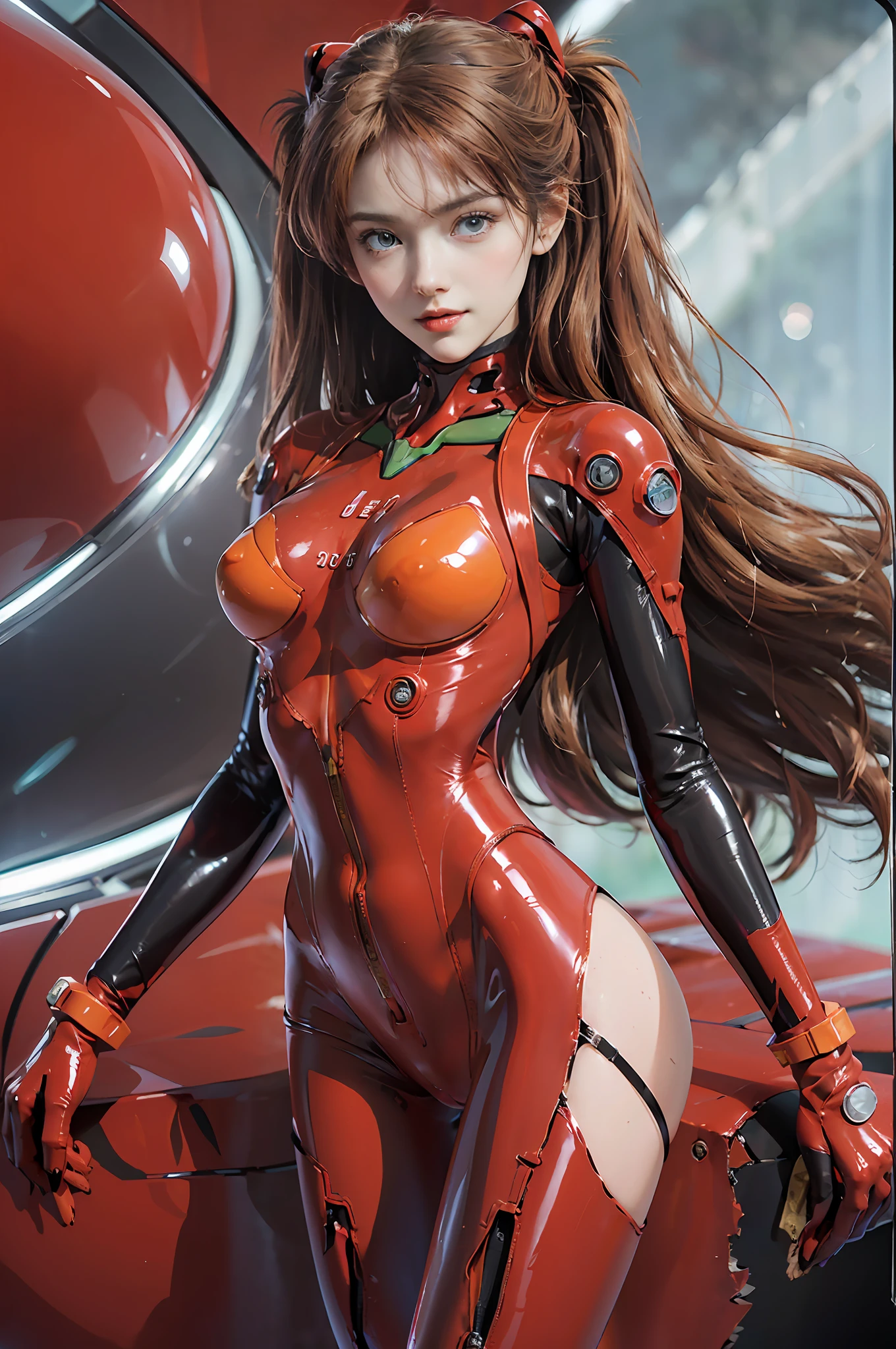 Masterpiece,8k,3D,((Full body),(Realistic),Photography,Best Quality,Official Art,((Female NSFW1.1))) 25years old,(tall, small face),(Perfect proportions:1.1),(1.2 from bottom),Dynamic angle,(Souryuaska langley,Souryuaska langley plug suit 02:1.5)(Blue eyes,Beautiful face, beautiful eyes)))), ((cute face)), wet eyes, face,detail face, detail lips, detail eyes, (thin sharp pale eyebrows, long eyelashes), double eyelids, realistic skin texture,(seductive smile), (gentle expression, fleeting expression)),(turning around pose),thin and muscular, (high-leg swimsuit: 1.1), (see-through: 1.1), Bodysuit that shines like a mirror, (rubber suit with a strong metallic sheen and smooth surface), ((Sexy tight metallic shiny latex suit))))), (black tight latex shiny on the inside of the arms)), (black connection under the chest in a precise circle: 1.5)), the black connecting part of the shoulders is a circle, two simple black latex rays from the thigh to the buttocks, Red tight latex gloves, from underneath, (upright), (sleek body line)), (pale thin eyebrows)), beautiful hair, (large round breasts), small logo pattern on the chest 02, mecha suit, thin long waist, white skin, (face and eye details: 1.1), loneliness, blush, (shy)), very delicate and beautiful girl, standing, ((((legs open pose)), ( to8 contrast style), long legs, perfect anatomy,(((crimson bodysuit, crimson latex suit, crimson enamel suit))), (glossy), delicate clothing wrinkles, beautiful light brown hair,twin tails, (dynamic sea background:1.1, strong sunlight:1.1,naval aircraft carrier background,), sunlight,dslr,fujifilm XT3, Sharp focus: 1.2, maximum clarity and sharpness, multi-layer textures, albedo and specular maps, surface shading, accurate simulation of light-matter interactions,