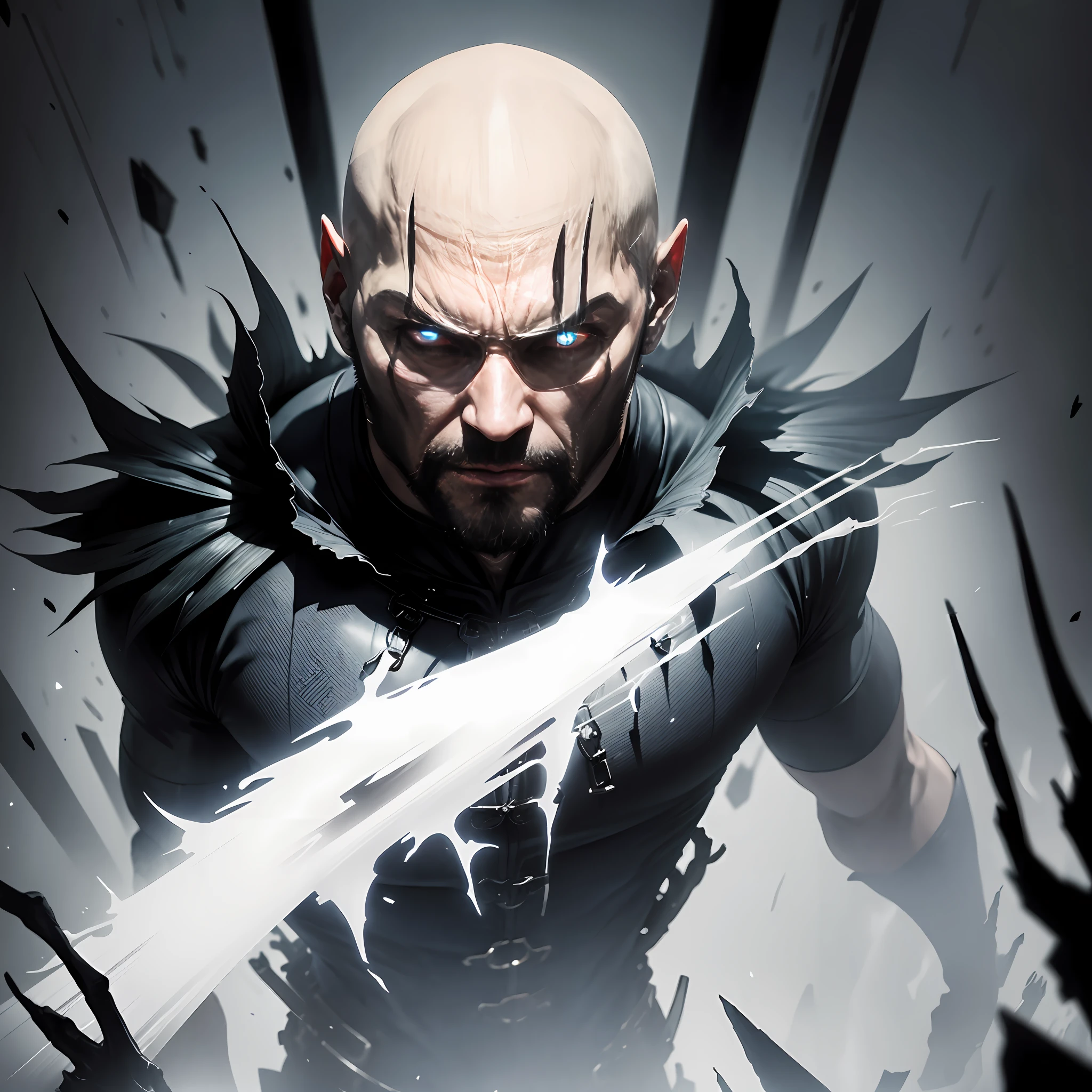 villain、Super criminals、Bald man、Tall and mighty、Fierce and cruel、Dimly lit room、Stick to one、Scarlet eyes、Demons appear