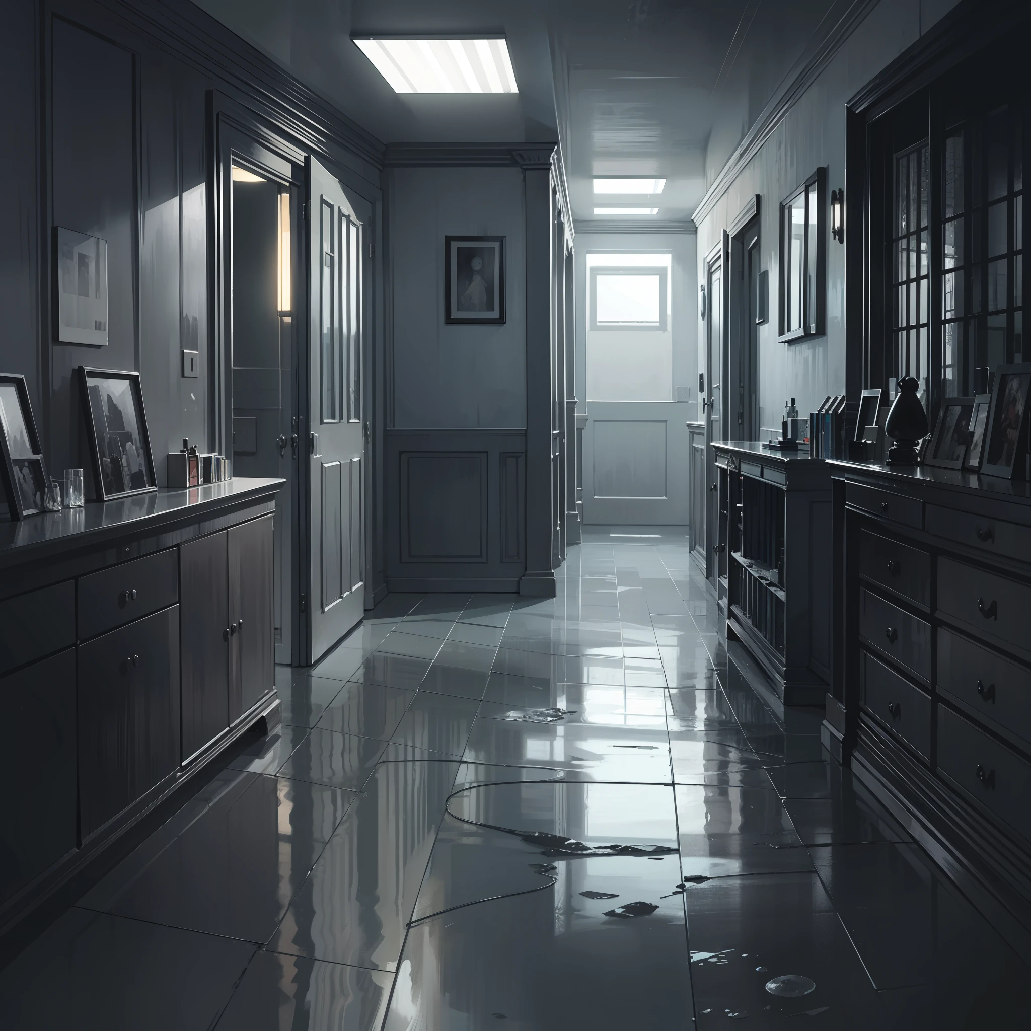 ((Very horror room landscape illustration)), masuter piece, Best Quality, ultra-detailliert, Hyper realistic, 16K resolution, Dark room, Water spills on the floor、There is a figure at the back of the room..