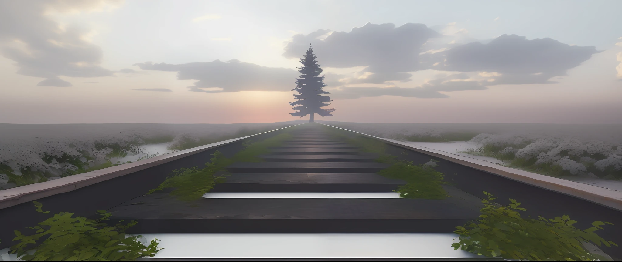 There is a picture of the train tracks,There is a tree on it, Leads to the sky, artwork about a road to freedom, stairway to heaven, depicted as a 3 d render, blossoming path to heaven, daylight made in blender, erik johansson style, rails, natural realistic render, The journey of life, rendered in cryengine, pathway, leading to a beautiful,Realistic and realistic,Close to reality,Sunset