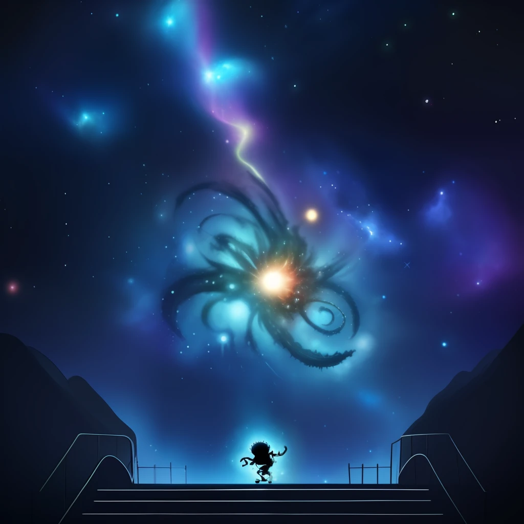 Stick figure style，Below is a crying baby，crosses， Above is the Cthulhu monster， Infinite galaxies， Dangerous black holes， Exploding supernovae， Floating star， Unlimited stairs， starry Nebula， Disturbing， Negative dark mode， Matrix atmosphere