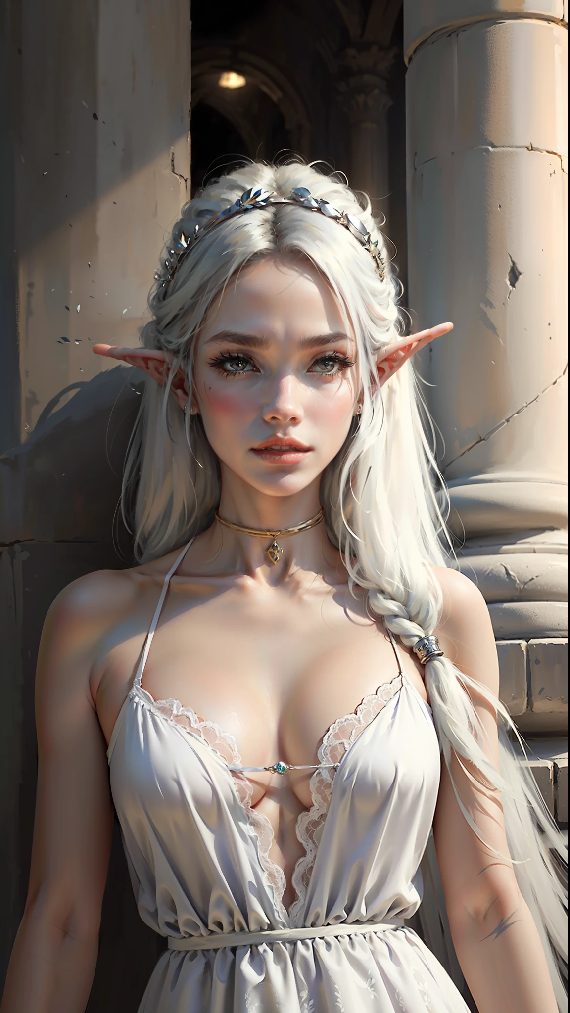 ((Melhor qualidade)), ((obra-prima)), (altamente detalhado:1.3),a woman white hair fringe elf dress white gold accessories , sentada olhar raivoso