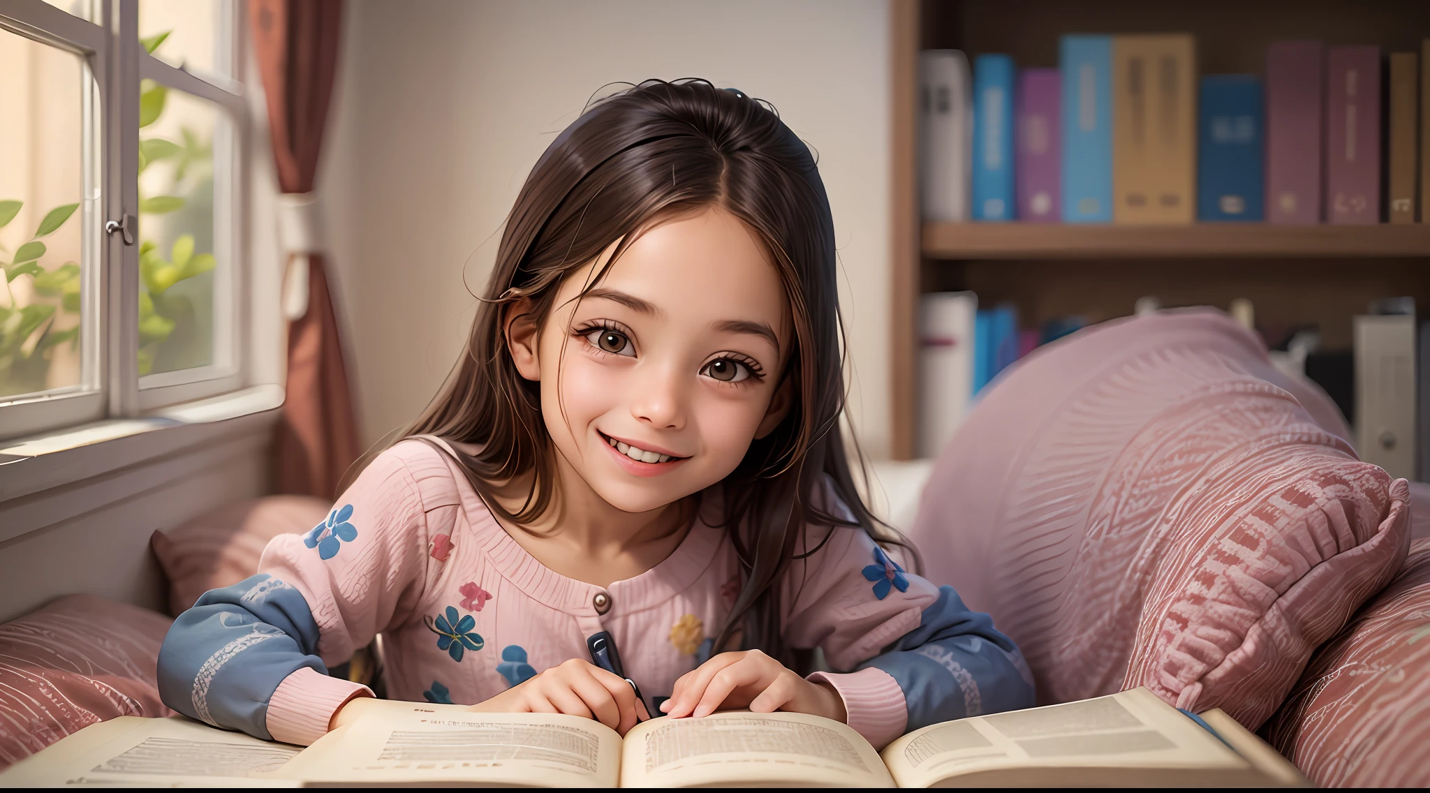 4-year-old reading a book, detalles, foto hiperrealista, feliz, 8k