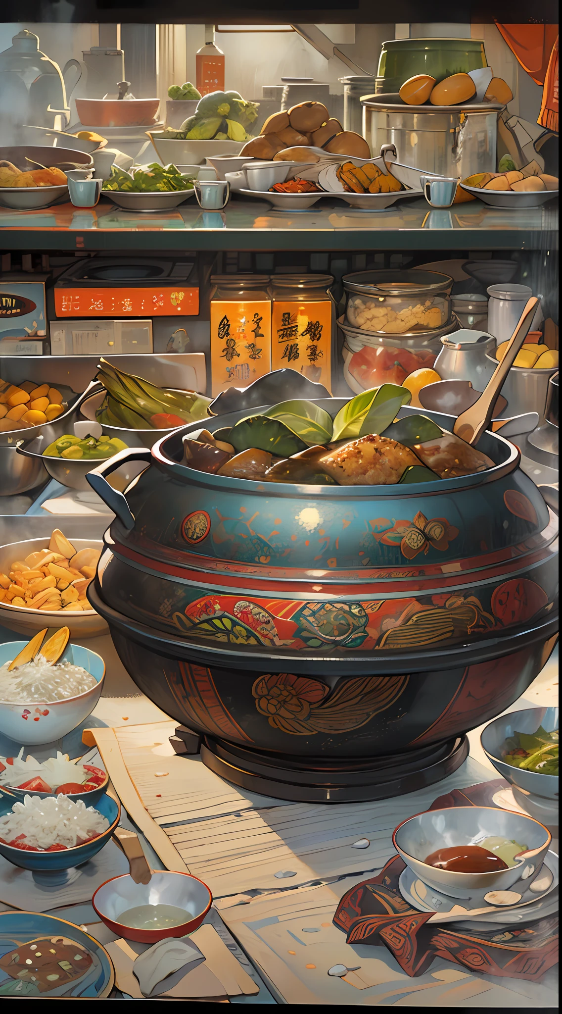A large iron pot，It is filled with rice and stir-fried with ingredients, in the style of photorealistic paintings, Wok close-up，lively illustrations, Joram Rooks, Surreal city, Kawasi, ferrania p30, Realistic use of light and color, 32K, Best quality, Masterpiece, Super detail, High details