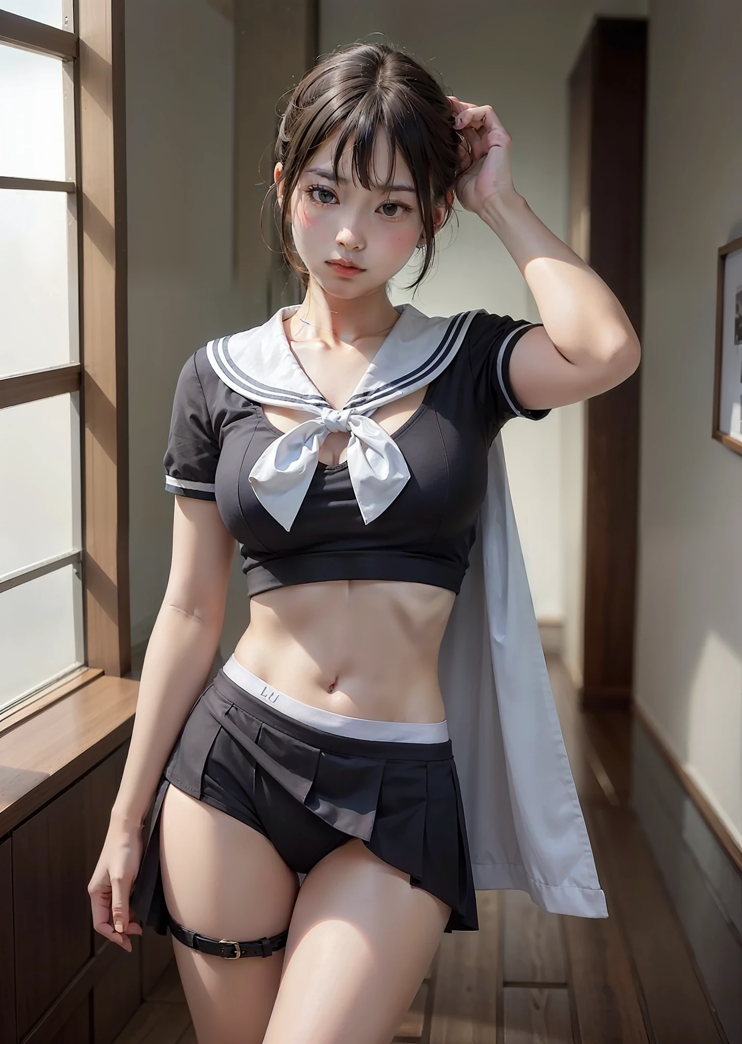 ((top-quality、8K、masterpiece:1.3))、1人、Beautiful woman with slender abs:1.3、(Medium short hair)、hyperdetailed face、Patch Order、二重まぶた、Superheroine、Ally of justice、japanes、Hair is black、Skirt short、A dark-haired、Painful look、defeat、a sailor suit、Sailor Senshi、sailormoon